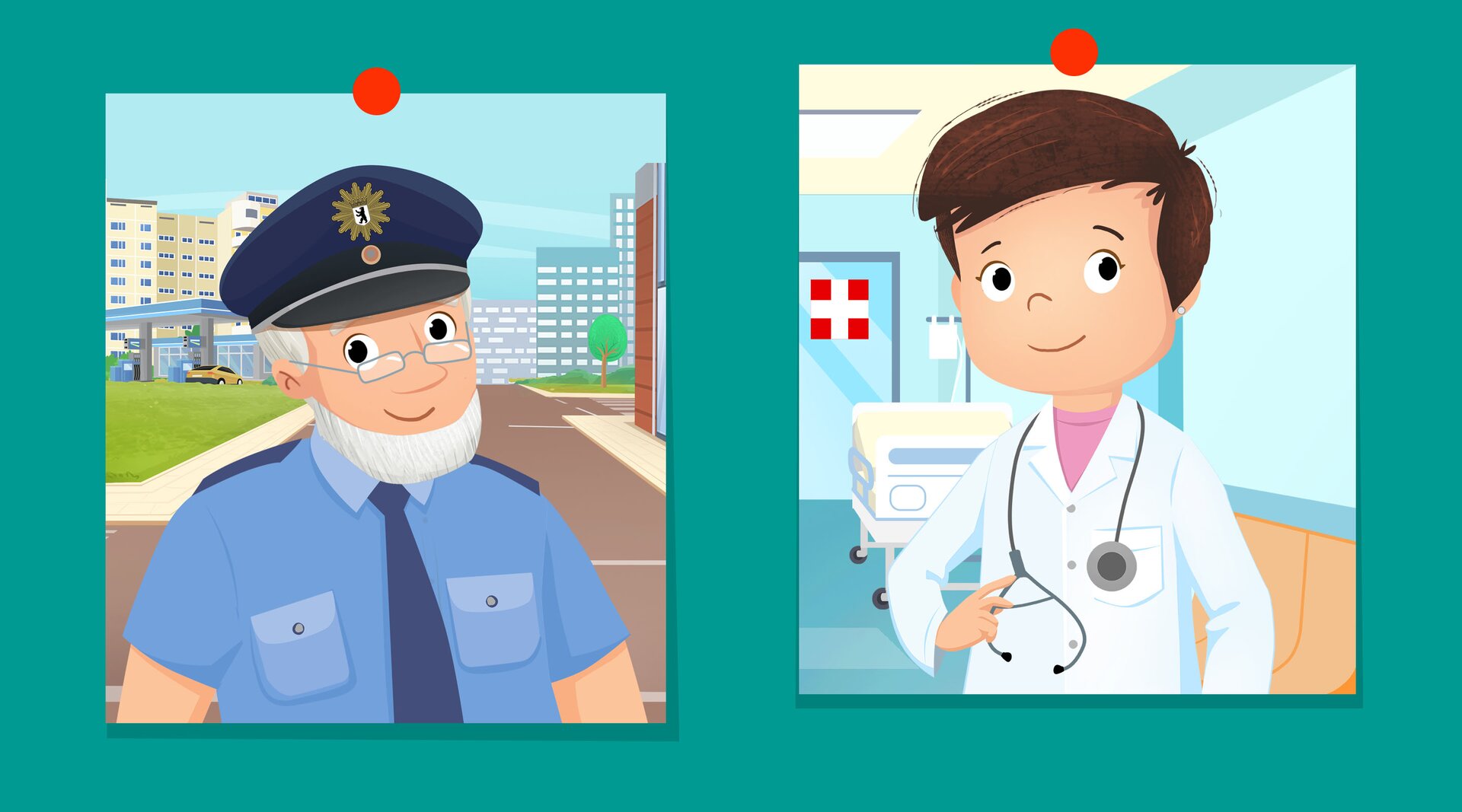 Ilustracja przedstawia policjanta i lekarkę.