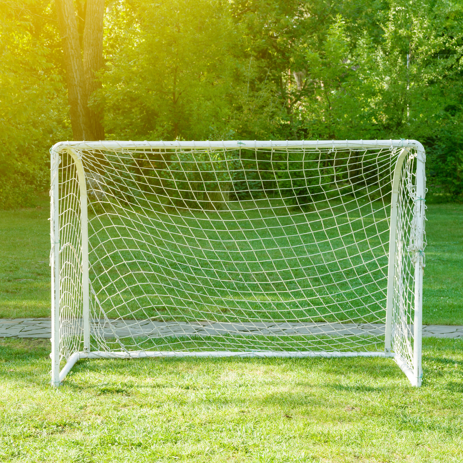 Ilustracja przedstawia bramkę do gry w piłkę nożną, ustawioną na murawie. Za bramką widoczna jest bujna roślinność. Przez koronę drzew przebija się słońce. 