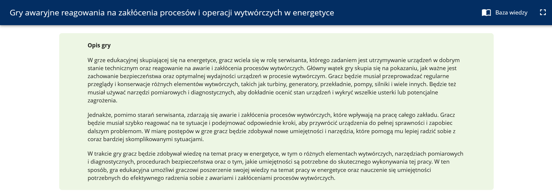 Przykładowy widok panelu opisu gry