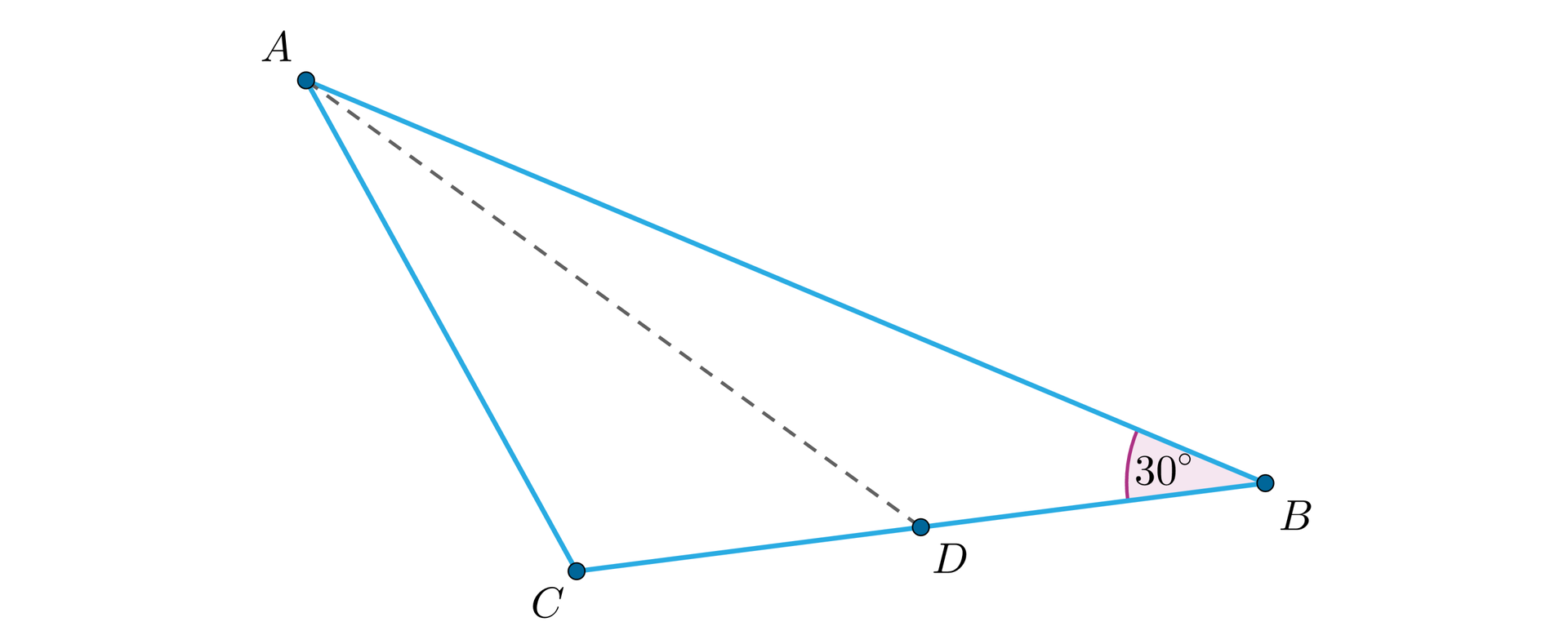 Ilustracja przedstawia trójkąt ABC. Kąt przy wierzchołku B ma kąt 30 stopni. Z wierzchołka A poprowadzono prostą na ramie BC tworząc punkt D.