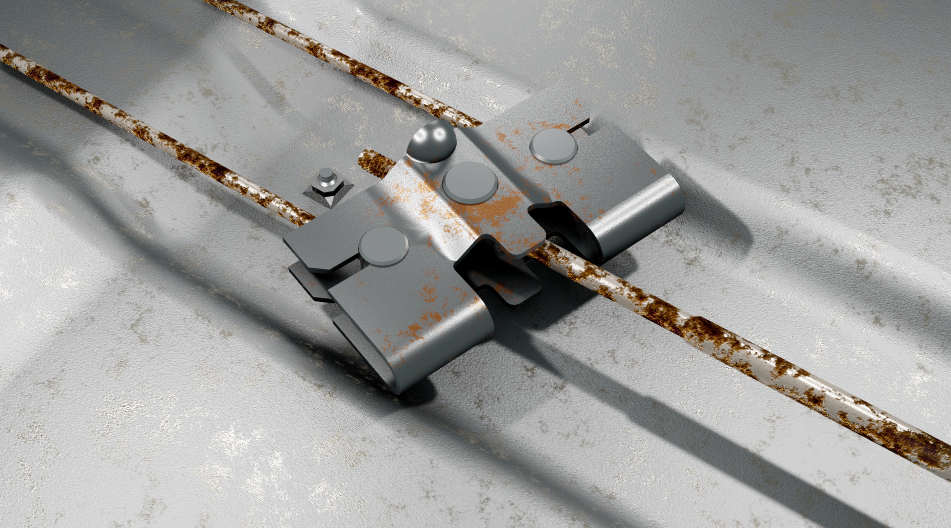 Ilustracja przedstawiająca skorodowane linki hamulca ręcznego. Pokryte są rdzą. 