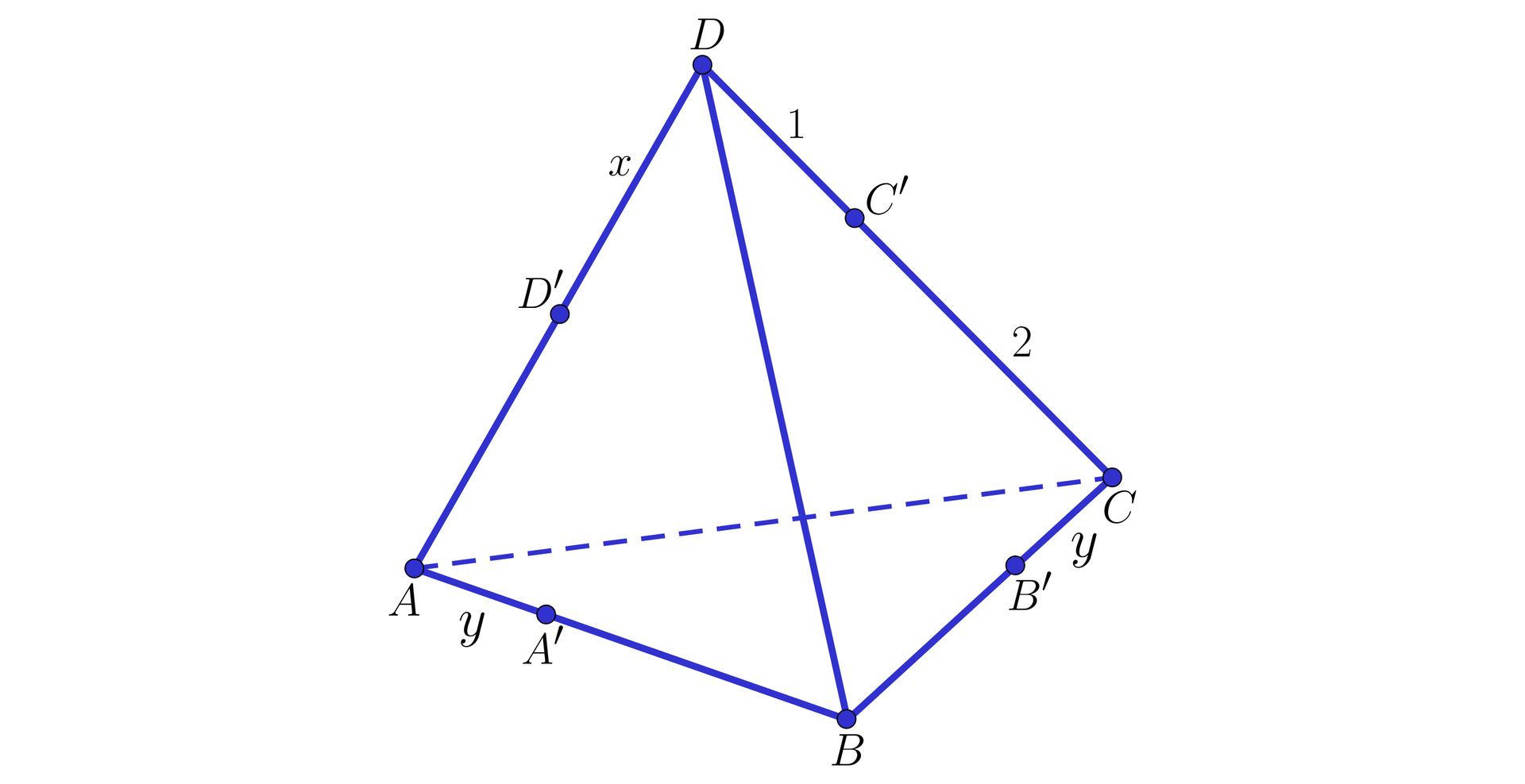 Grafika przedstawia czworokąt, którego wierzchołki to A, B, C oraz D. Na krawędzi AB zaznaczono punkt A prim. Na krawędzi BC zaznaczono punkt B prim. Na krawędzi AD zaznaczono punkt d prim, a na krawędzi CD zaznaczono punkt C prim. Odległość od A do A prim podpisano y. Odległość od C do B prim również podpisano y. Odległość od C do C prim ma długość 2, odległość od D do C prim ma długość 1. Odległość od D do D prim podpisano x.