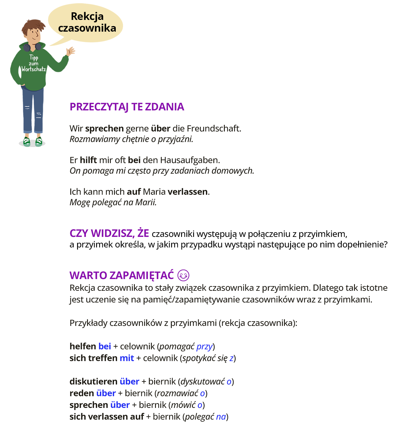Ilustracja zawiera poradę językową.
Grafika przedstawia chłopca ubranego w bluzę z napisem Tipp zur Grammatik, i w spodnie. Chłopiec rozkłada ręce i mówi: Rekcja czasownika.
Pozostałą część grafiki stanowi tekst, którego treść widoczna jest w trybie dostępności.