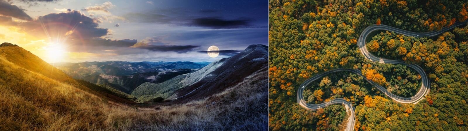 Ilustracja składa się z 2 fotografii; na pierwszej mamy przed sobą otwartą przestrzeń z panoramą  gór. Zdjęcie obok ukazuje widok gęstego lasu z wijącą się pośrodku drogą z perspektywy lotu ptaka.