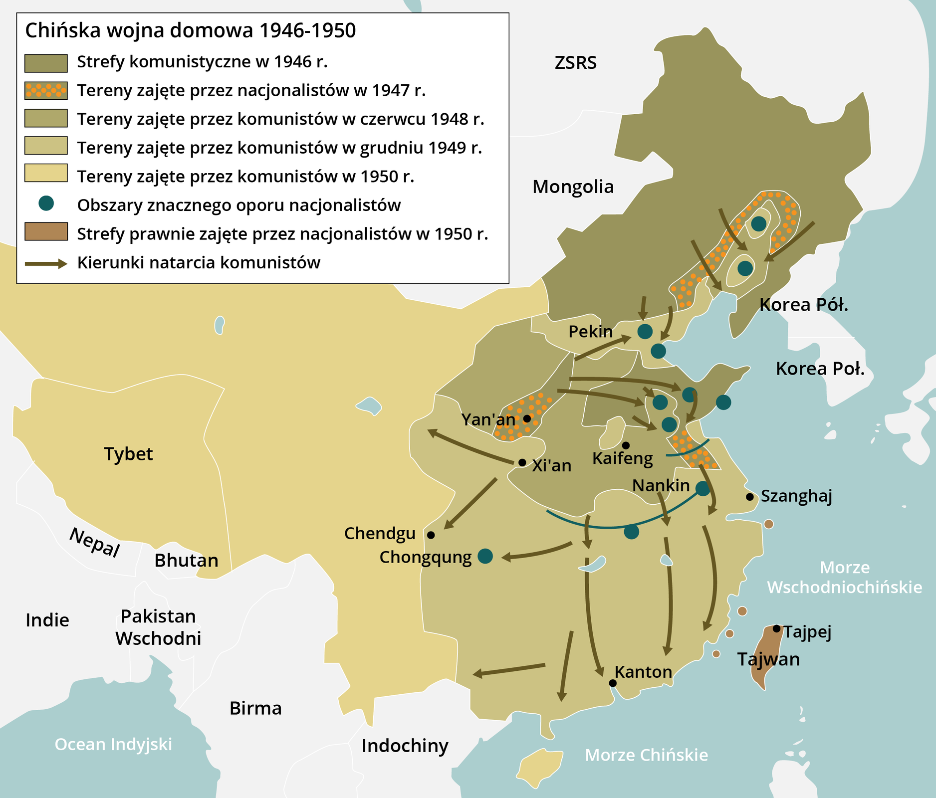 Mapa konturowa przedstawia przebieg działań wojennych w trakcie chińskiej wojny domowej w latach1946‑1950. Północno‑wschodnia część terytorium Chin, granicząca z Mongolią, ZSRS i Koreą Północną, a także niewielkie tereny na południowym- wschodzie od Pekinu, to strefa komunistyczna w 1946 roku. Z tych obszarów kierowane były główne ataki wojsk komunistycznych na stawiających opór nacjonalistów. Komuniści nacierali na usytuowane na wschodzie, w okolicach wybrzeża Morza Wschodniochińskiego, punkty oporu nacjonalistów,  Niektóre z nich znajdowały się na wschód od Pekinu i miasta Kaifeng, inne w okolicach miast: Nankin i Chongqung. Nacjonalistom udało się w 1947 r. zdobyć niewielkie tereny, między innym w okolicach miasta Yan"an. W wyniku dalszej ekspansji komunistów w czerwcu 1948 roku i grudniu 1949 roku zajęli oni cały południowo‑wschodni obszar Chin, a w 1950 roku pozostałą część kraju wraz z Tybetem. Jedyną strefą prawnie zajętą przez nacjonalistów w 1950 roku był Tajwan. 