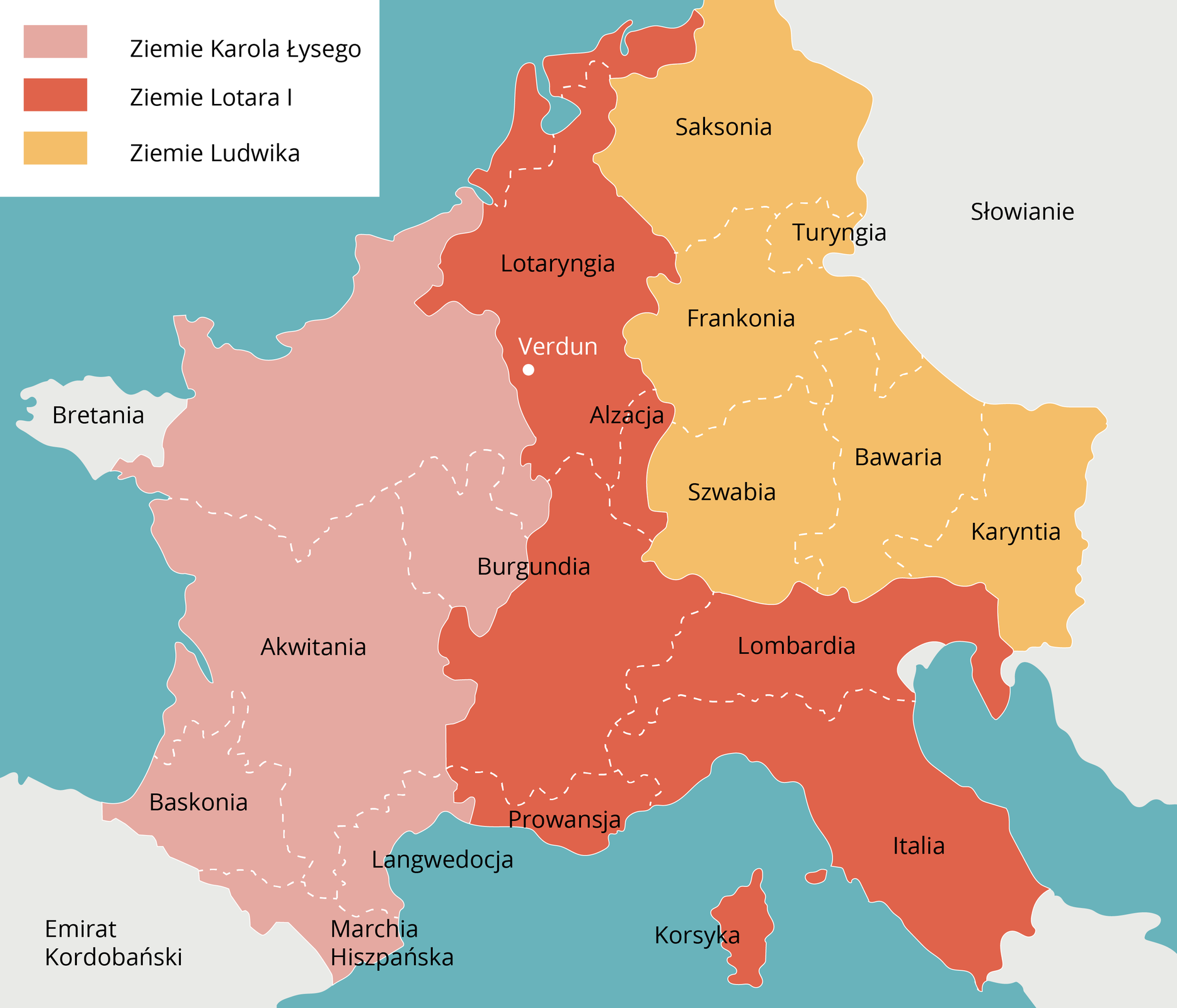 Ilustracja przedstawia konturową mapę państwa Franków. Na mapie oznaczone zostały krainy zdobyte przez poszczególnych władców Franków: Karola Łysego, Lotara I, Ludwika.  W lewym górnym rogu znajduje się legenda mapy. Ziemie Karola Łysego znajdowały się na wschodzie Imperium, zajmowały Baskonię, Marchę Hiszpańską, Langwedocję, Akwitanię, Burgundię. Ziemie Lotara Pierwszego to pas ziemi zajmującej: Lotaryngię, Alzację, część Burgundii, Prowansję, Lombardię oraz Italię i Korsykę. Ziemie Ludwika to zachodnia część Imperium z ziemiami Saksonii, Turyngii, Frankonii, Bawarii, Szwabii, Karyntii. Państwo Franków od wschodu sąsiadowało ze Słowianami, od północy z Niderlandami, od zachodu z Bretanią, od południowego - zachodu z Emiratami Kordobańskimi, od południa z Morzem Śródziemnym.