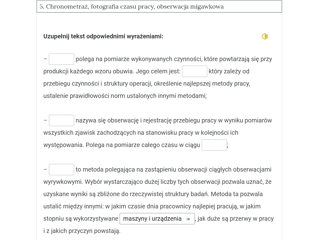 Grafika przedstawia widok na przykładowe ćwiczenie polegające na uzupełnieniu tekstu w otwartej zakładce. 