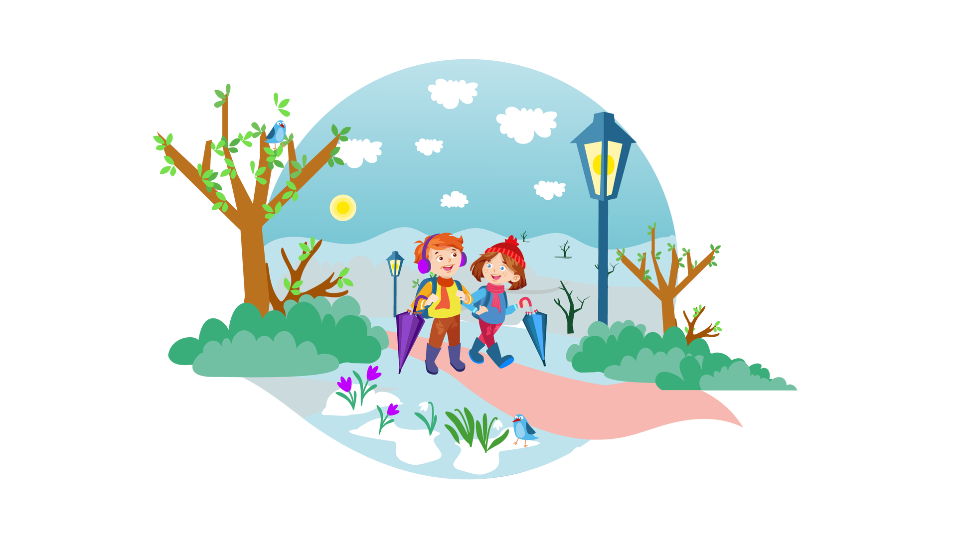 Ilustracja przedstawia rozległy teren pokryty topniejącym śniegiem. W tle widać błękitne niebo ze słońcem i białymi chmurami. Po lewej stronie rośnie drzewo pokryte niewielką ilością drobnych zielonych listków. Na jednej z gałęzi siedzi mały ptak. Ma jasnoniebieskie upierzenie na brzuchu, niebieskie na grzbiecie i głowie oraz ciemnoniebieskie na skrzydłach. Jego dziób jest czerwony, a nogi pomarańczowe. Niżej jest niski krzew, z którego również wyrastają pojedyncze zielone listki. Obok znajduje się kilka bujnych zielonych krzewów. Na pierwszym planie, z ziemi pokrytej śniegiem, wyrastają pojedyncze krokusy i przebiśniegi. Przy jednym z przebiśniegów stoi taki sami ptak, jaki jest na drzewie. Po prawej stronie stoi wysoka granatowa latarnia uliczna, która daje żółte światło. Obok niej rośnie taka sama roślinność jak po lewej stronie ilustracji, ale nieco mniejszych rozmiarów. W oddali widać kilka niskich drzew pozbawionych liści i jeszcze jedną latarnię uliczną. Środkiem ilustracji biegnie ścieżka, po której idą z granatowymi plecakami uśmiechnięci Franek i Maja. Franek jest ubrany w żółtą kurtkę z długimi pomarańczowymi rękawami, długie brązowe spodnie, ciemnopomarańczowy szalik i wysokie ciemnofioletowe buty. Na głowie ma fioletowe nauszniki. O jego prawe ramię jest zahaczony fioletowy parasol. Maja jest ubrana w niebieską kurtkę, długie ciemnoróżowe spodnie, czerwoną czapkę z pomponem, ciemnoróżowy szalik i wysokie granatowe buty. W lewej ręce trzyma ciemnoniebieski parasol z ciemnoróżowym uchwytem.