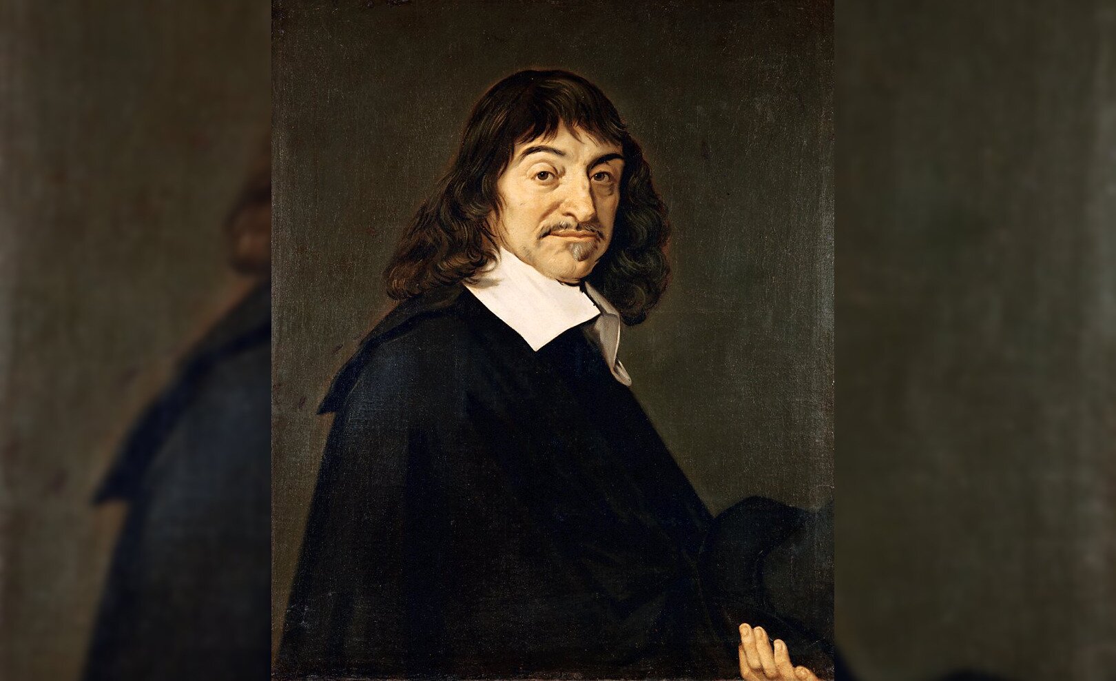 Obraz przedstawia portret dojrzałego mężczyzny. Mężczyzna ma owalną twarz. Jego włosy są półdługie, falujące, starannie ułożone. Sięgają ramion. Mężczyzna ma wyraźnie zaznaczone brwi i wyraziste oczy. Jego nos jest duży. Mężczyzna ma niewielkie wąsy i krótką brodę tuż pod dolną wargą. Ubrany jest w obszerną, ciemną szatę. Pod szyją ma duży, biały kołnierz. W ręku trzyma kapelusz.