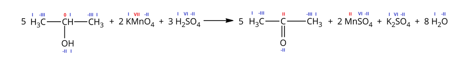 Ilustracja przedstawiająca zapis cząsteczkowy reakcji propan-dwa-olu z manganianem(siedem) potasu w środowisku kwasowym. W zapisie uwzględniono wartościowości podane jako cyfry rzymskie nad poszczególnymi atomami, wszystkie atomy wodoru w zapisie znajdują się na pierwszym stopniu utlenienia, a atomy tlenu na minus drugim. Równanie reakcji. Pięć cząsteczek propan-dwa-olu zbudowanego z grupy C H, w której atom węgla znajduje się na zerowym stopniu utlenienia i łączy się z dwiema grupami metylowymi C H indeks dolny, trzy, koniec indeksu dolnego, w których atomy węgla znajdują się na minus trzecim stopniu utlenienia oraz z grupą hydroksylową O H. Dodać dwie cząsteczki manganianu(siedem) potasu K M n O indeks dolny, cztery, koniec indeksu dolnego, w którym atom manganu znajduje się na siódmym stopniu utlenienia. Dodać trzy cząsteczki kwasu siarkowego(sześć) H indeks dolny, dwa, koniec indeksu dolnego, S O indeks dolny, cztery, koniec indeksu dolnego zawierającego atom siarki na szóstym stopniu utlenienia. Strzałka w prawo, za strzałką pięć cząsteczek propanonu, czyli acetonu zbudowanego z atomu węgla na drugim stopniu utlenienia połączonego za pomocą wiązania podwójnego z atomem tlenu oraz za pomocą wiązań pojedynczych z podstawnikami metylowymi C H indeks dolny, trzy, koniec indeksu dolnego, w których atomy węgla znajdują się na minus trzecim stopniu utlenienia. Dodać dwie cząsteczki siarczanu(sześć) manganu(dwa) M n S O indeks dolny, cztery, koniec indeksu dolnego zawierającego atom siarki na szóstym stopniu utlenienia oraz atom manganu na drugim. Dodać cząsteczkę siarczanu(sześć) potasu K indeks dolny, dwa, koniec indeksu dolnego, S O indeks dolny, cztery, koniec indeksu dolnego z atomem potasu na pierwszym stopniu utlenienia i z atomem siarki na szóstym. Dodać osiem cząsteczek wody H indeks dolny, dwa, koniec indeksu dolnego, O. Podsumowując zapis bez wartościowości jest następujący. pięć C H indeks dolny, trzy, koniec indeksu dolnego, C H nawias, O H, zamknięcie nawiasu, C H indeks dolny, trzy, koniec indeksu dolnego, plus, dwa K M n O indeks dolny, cztery, koniec indeksu dolnego, plus, trzy H indeks dolny, dwa, koniec indeksu dolnego, S O indeks dolny, cztery, koniec indeksu dolnego, strzałka w prawo, pięć C H indeks dolny, trzy, koniec indeksu dolnego, C nawias, O, zamknięcie nawiasu, C H indeks dolny, trzy, koniec indeksu dolnego, plus, dwa M n S O indeks dolny, cztery, koniec indeksu dolnego, plus, K indeks dolny, dwa, koniec indeksu dolnego, S O indeks dolny, cztery, koniec indeksu dolnego, plus, osiem H indeks dolny, dwa, koniec indeksu dolnego, O.
