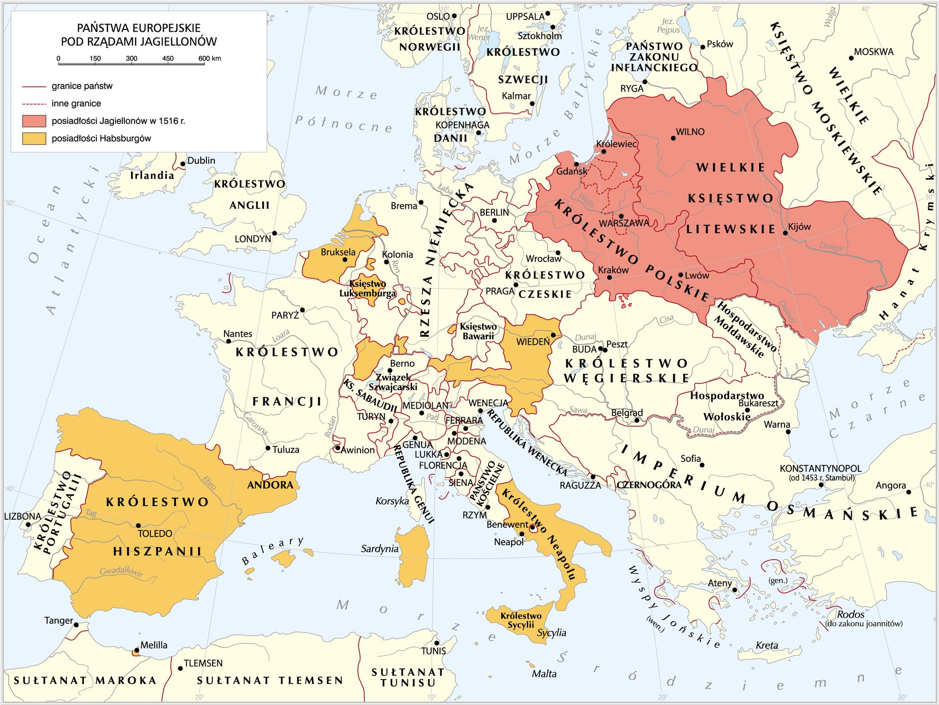 Mapa państwa we władaniu Jagiellonów w 1490 r. oraz państwa we władaniu Habsburgów. Zawiera informacje, które państwa były w posiadaniu obydwu dynastii.