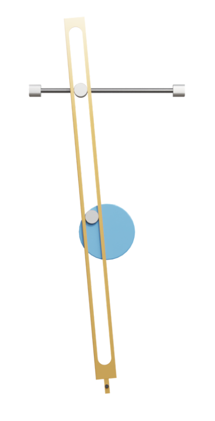 Na ilustracji jest mechanizm jarzmowy. Składa się on z wąskiej i krótkiej prowadnicy, na której osadzony jest niewielki okrągły element. Po obu jego stronach znajdują się ramiona długiej wąskiej ramki. Niżej ramiona ramki obejmują drugi okrągły element. Jest on równie niewielki jak pierwszy. Pod nim znajduje się większe niebieskie koło.
