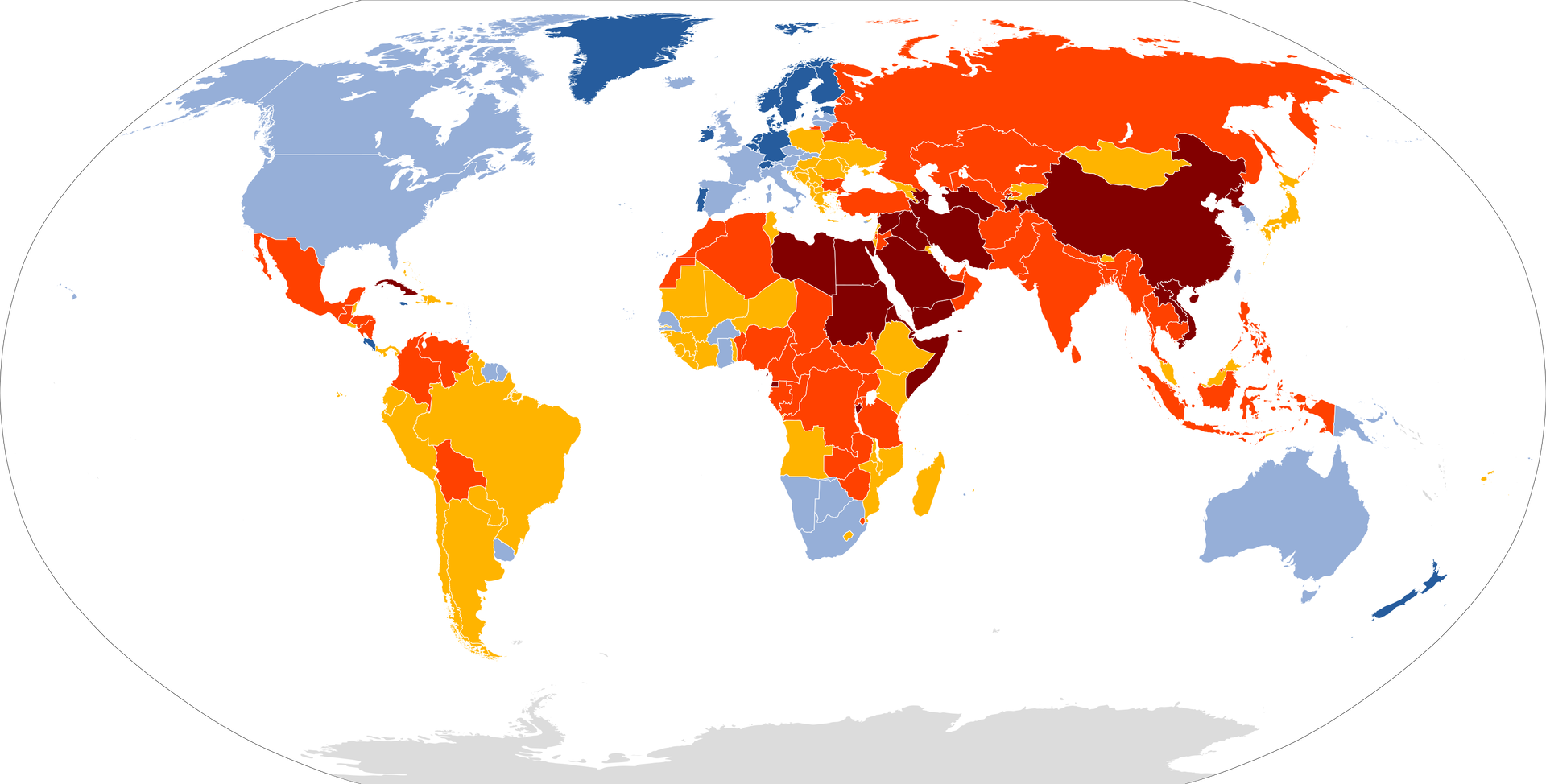 Mapa świata z zaznaczonymi konturami państw wskazująca Światowy Indeks Wolności Prasy 2020 roku według organizacji Reporterzy bez Granic. Dobra sytuacja jest na Grenlandii, w Szwecji, Norwegii, Estonii, Niemczech, Belgii, Niderlandach, Szwajcarii, Irlandii, Portugalii. Zadawalająca sytuacja jest w krajach: Kanada, USA, Surinam, Urugwaj, Hiszpania, Wielka Brytania, Włochy, Austria, Czechy, Słowacja, Litwa, Łotwa, Słowenia, Senegal, Burkina Faso, Gwinea, Nikaragua, Botswana, RPA, Australia, Papua Nowa Gwinea. Zauważalne problemy: Ekwador, Peru, Brazylia, Gujana. Paragwaj, Chile, Argentyna, Polska, Ukraina, Węgry, Rumunia, Serbia, Chorwacja, Bośnia i Hercegowina, Czarnogóra, Grecja, Gruzja, Tunezja, Niger, Mali, Mauretania, Etiopia, Gwinea, Sierra Leone, Liberia, Wybrzeże Kości Słoniowej, Kenia, Angola, Malawi, Mozambik, Madagaskar, Lesoto, Mongolia, Japonia, Malezja. Trudna sytuacja: Meksyk, Kolumbia, Wenezuela, Boliwia, Turcja, Sahara Zachodnia, Maroko, Algieria, Czad, Sudan, Nigeria, Czad, Sudan, Kamerun, Republika Środkowo‑Afrykańska, Sudan Południowy, Uganda, Demokratyczna Republika Konga, Zambia, Zimbabwe, Syria, Oman, Rosja, Kazachstan, Uzbekistan, Afganistan, Pakistan, Indie, Bangladesz, Birma, Tajlandia, Kambodża, Laos, Wietnam, Indonezja. Bardzo poważna sytuacja: Irak, Iran, Uzbekistan, Arabia Saudyjska, Jemen, Libia, Egipt, Sudan, Somalia, Chiny.