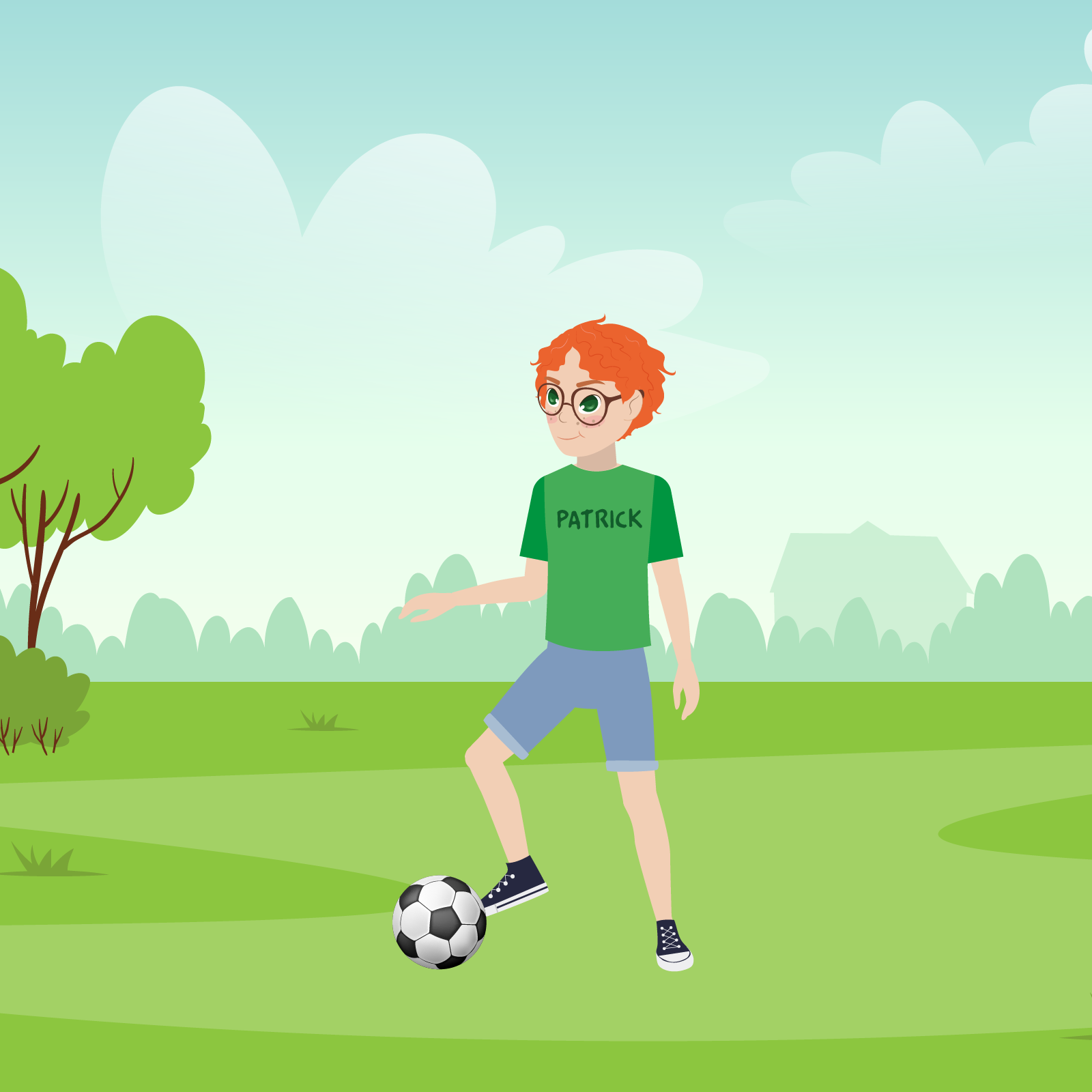 Na ilustracji widzimy park, w którym stoi Patrick i przytrzymuje stopą piłkę do gry w piłkę nożną. 