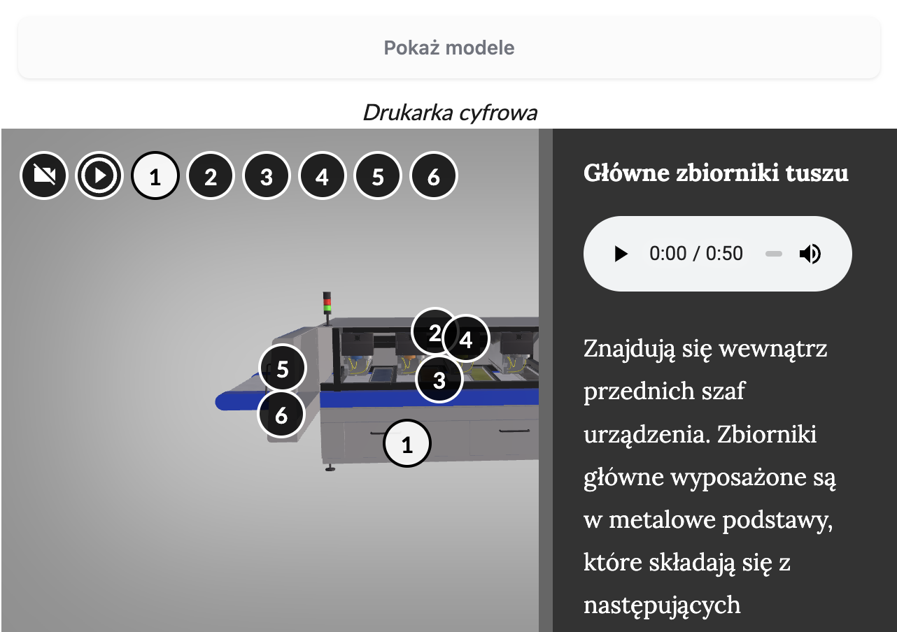 Ilustracja przedstawia Model 3D drukarki cyfrowej. Na ekranie wyświetlony jest pierwszy interaktywny punkt z treścią dotyczącą głównych zbiorników tuszu drukarki. 