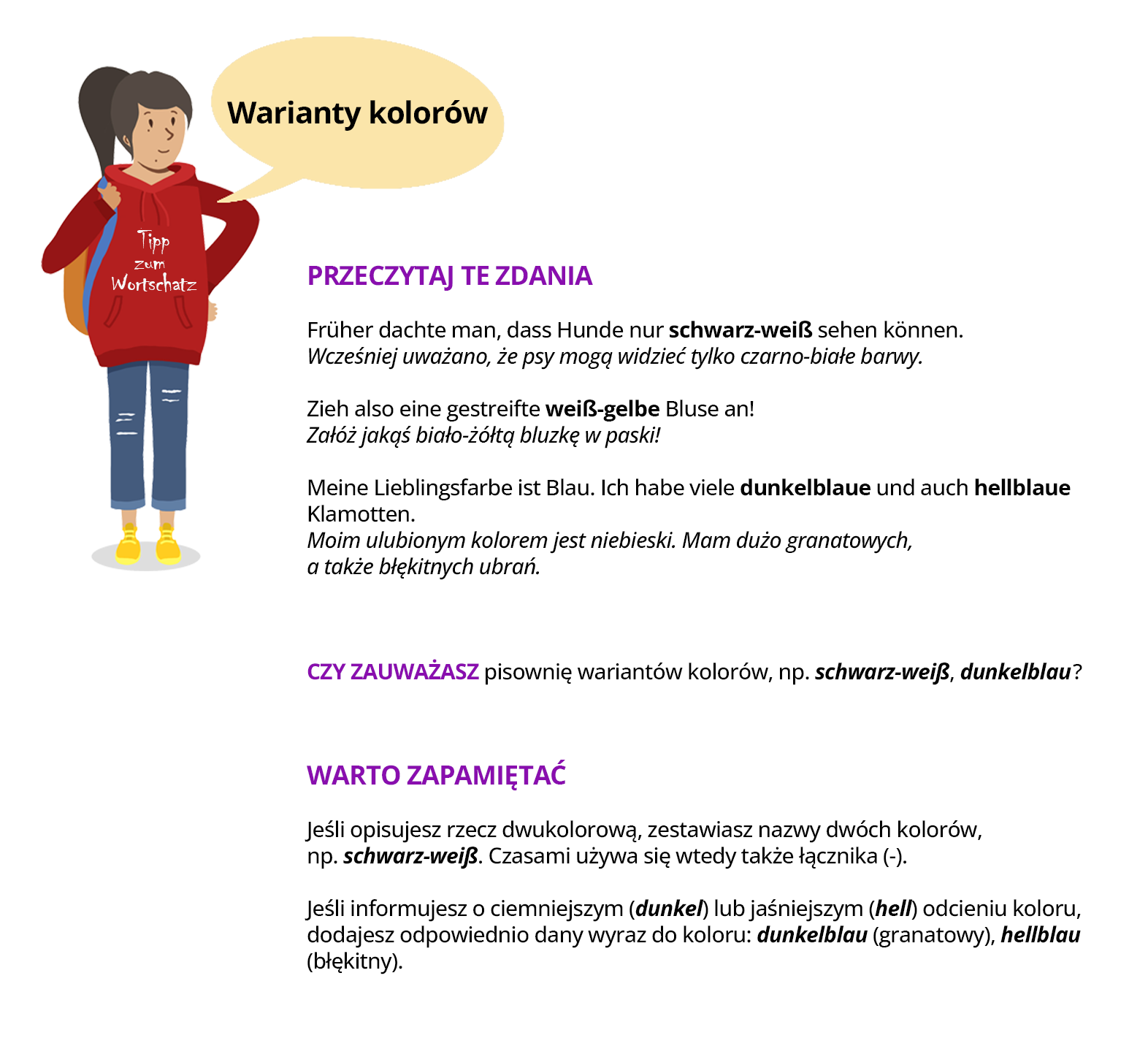 Ilustracja zawiera poradę językową.Ilustracja przedstawia dziewczynkę ubraną w czerwoną bluzę z napisem Tipp zur Grammatik oraz w niebieskie spodnie.  Obok widoczny jest dymek zawierający napis: Warianty kolorów.Pozostałą część grafiki stanowi tekst, którego treść wyświetla się w trybie dostępności. 