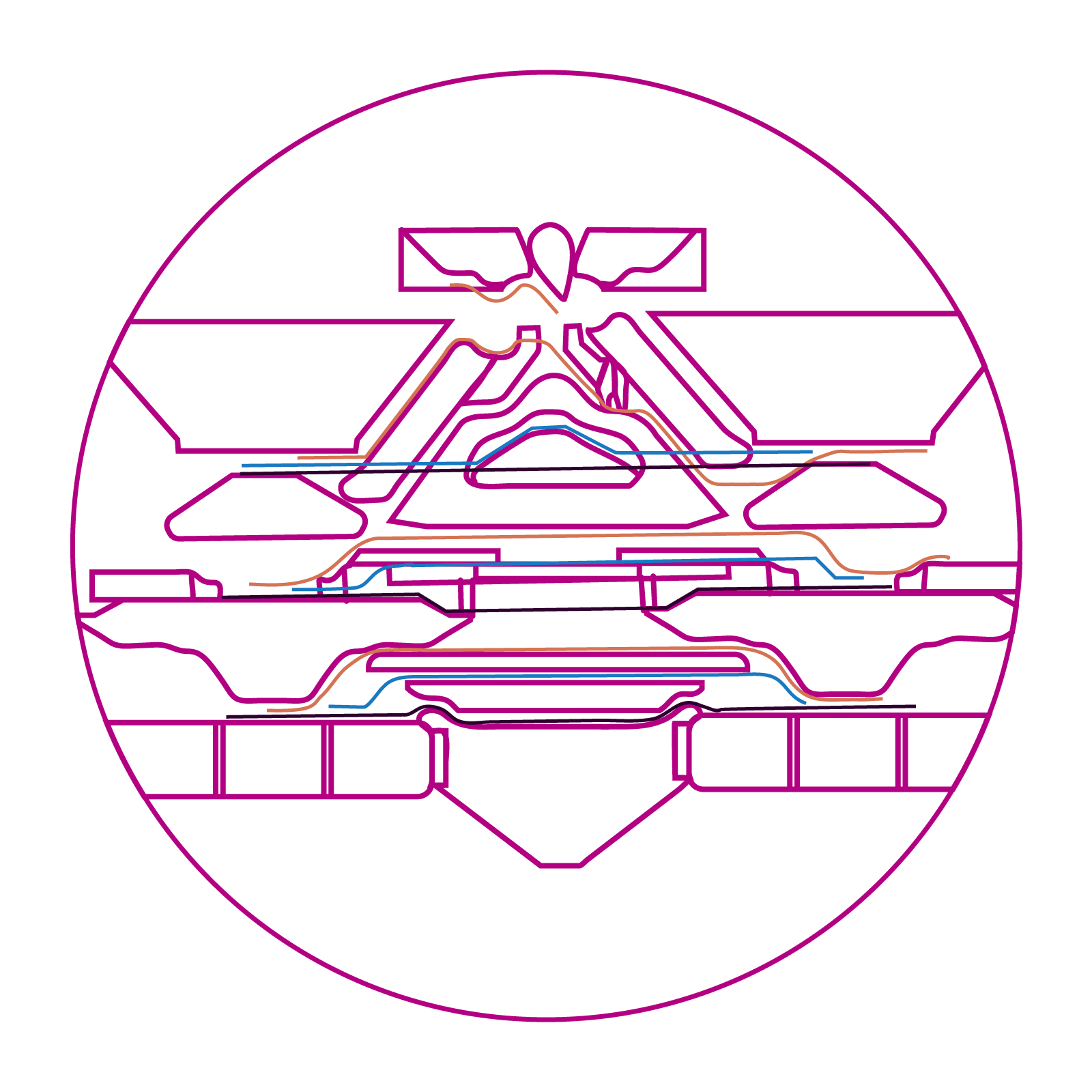 Schemat przedstawia systemy dziania szydełkarki płaskiej. Na schemacie widocznych jest kilka rzędów figur. Kontury niektórych z nich są otoczone kolorowymi liniami. 