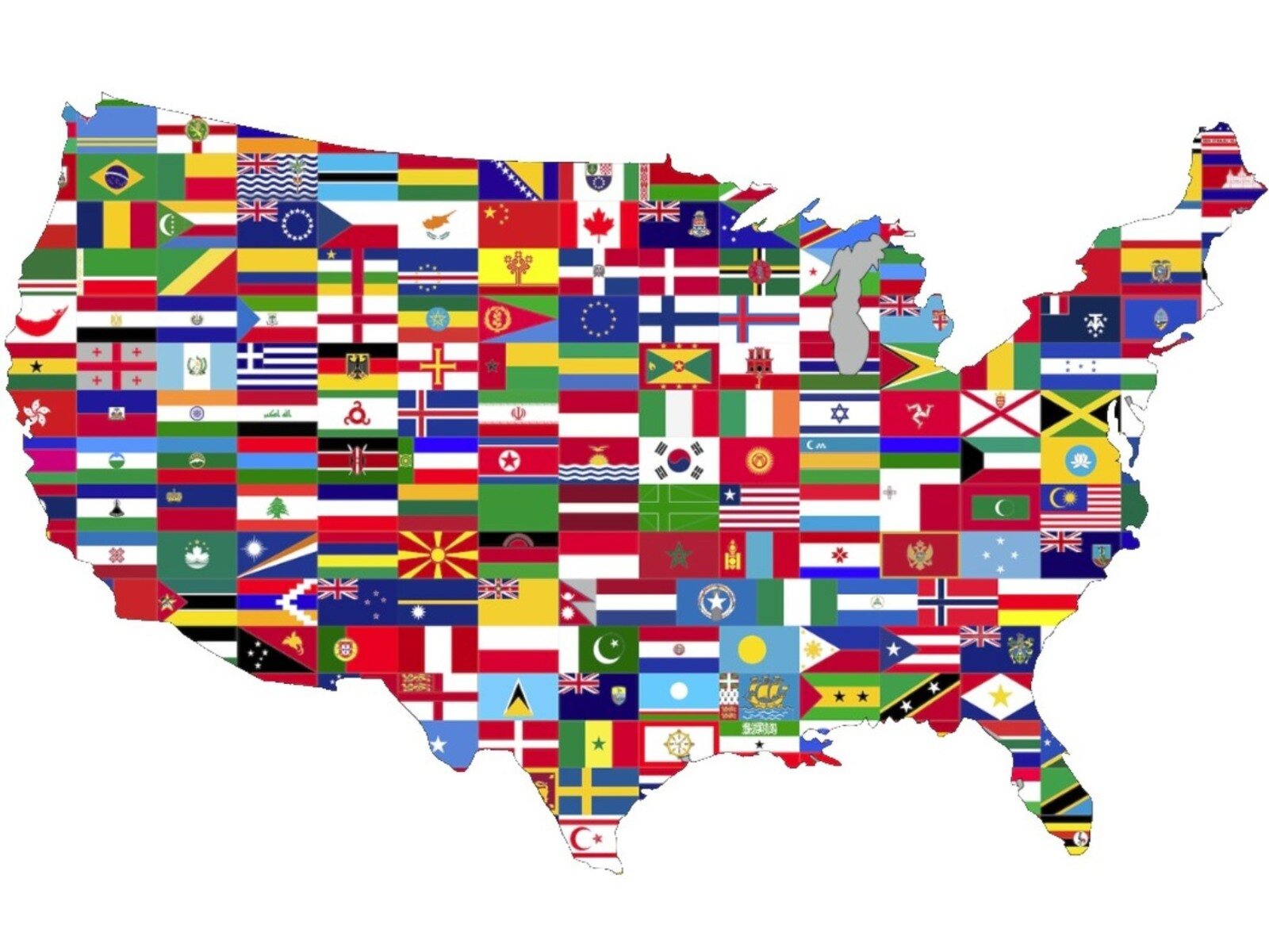 Grafika przedstawia kontur Stanów Zjednoczonych, który jest wypełniony różnymi flagami ułożonymi jedna obok drugiej w kilkunastu rzędach. W większości są to flagi różnych państw, w tym także flaga Unii Europejskiej.