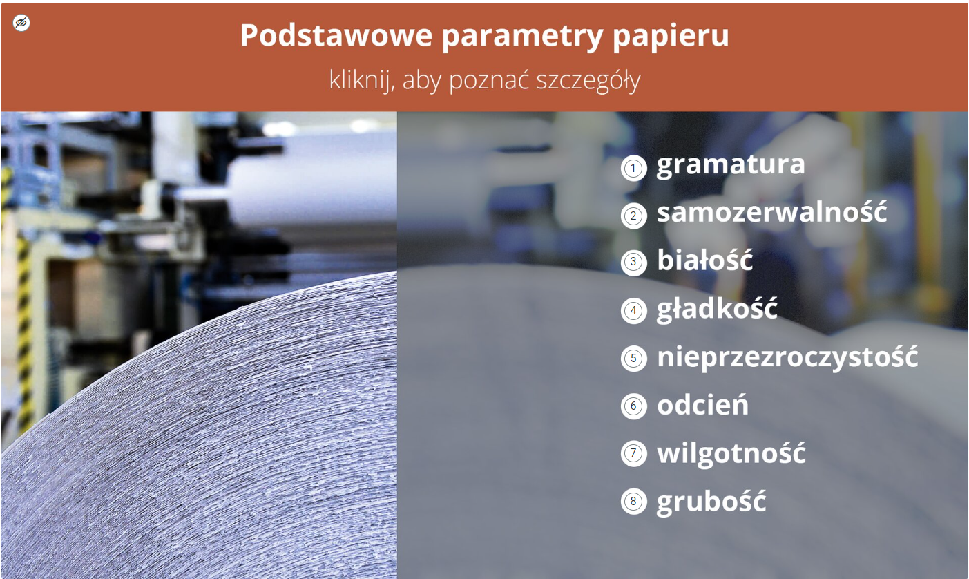 Grafika przedstawia przykładową planszę interaktywną ze znacznikami. U góry znajduje się brązowy pasek z napisem Podstawowe parametry papieru Kliknij aby poznać szczegóły. Poniżej na tle zdjęcia papieru zwiniętego w rolkę znajduje się osiem punktów ze znacznikami.