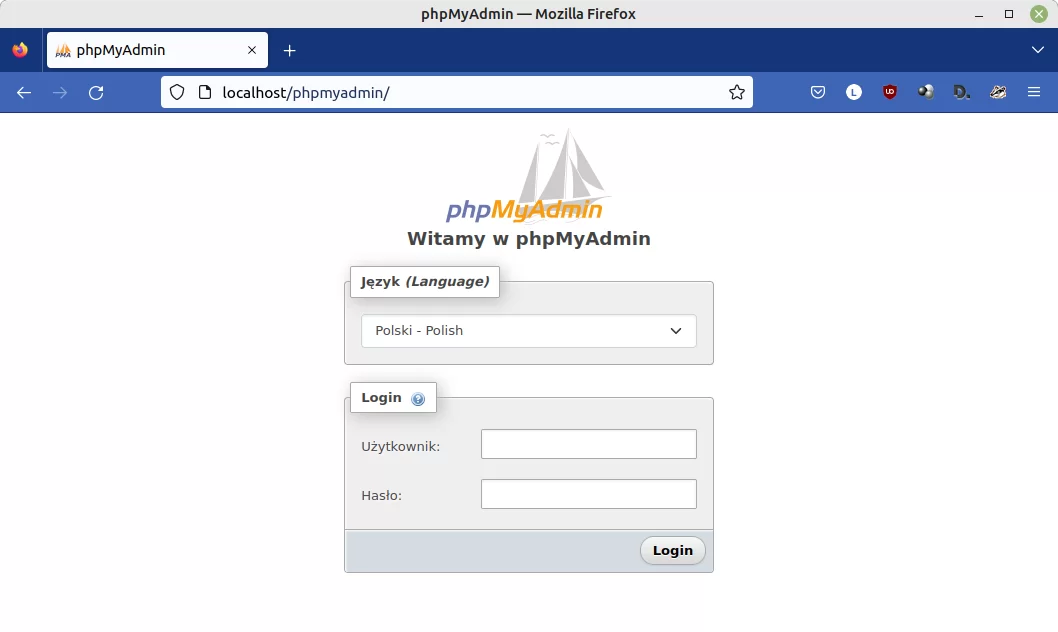 Ilustracja przedstawia stronę logowania phpMyAdmin otwartą w przeglądarce Mozilla Firefox. W polu przeglądarki wpisano localhost/phpMyAdmin/. Widoczny obszar, w którym można wybrać język oraz się zalogować.