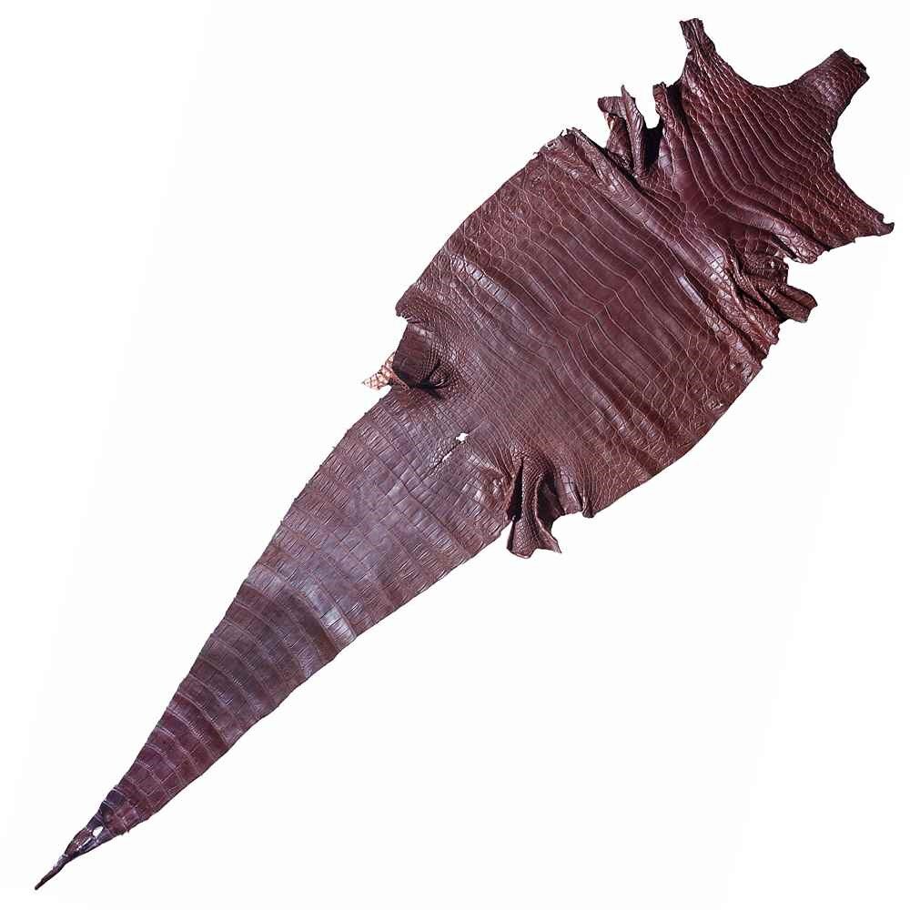 Zdjęcie przedstawia płat skóry krokodyla. Skóra jest ciemnobrązowa. Widoczne są elementy anatomiczne zwierzęcia: głowy, łap i ogona.
