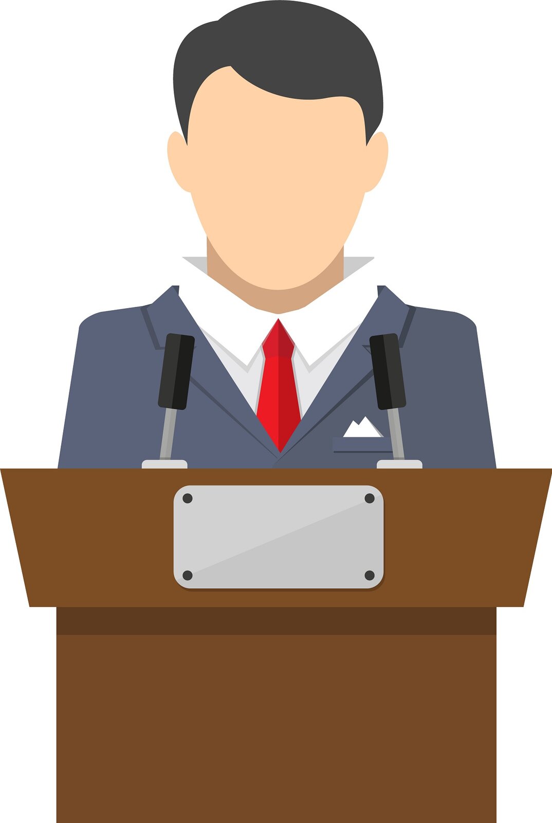 Ilustracja „Mężczyzna przy mównicy” przedstawia prosty rysunek graficzny. Jest to postać o ciemnych, krótkich włosach, bez zaznaczonych części twarzy. Ubrana jest w granatowy garnitur, białą koszulę i czerwony krawat. W kieszonce ma białą poszetkę. Postać stoi przy brązowej mównicy z szarą plakietką i 2 srebrno‑czarnymi mikrofonami. Tło ilustracji jest białe. 