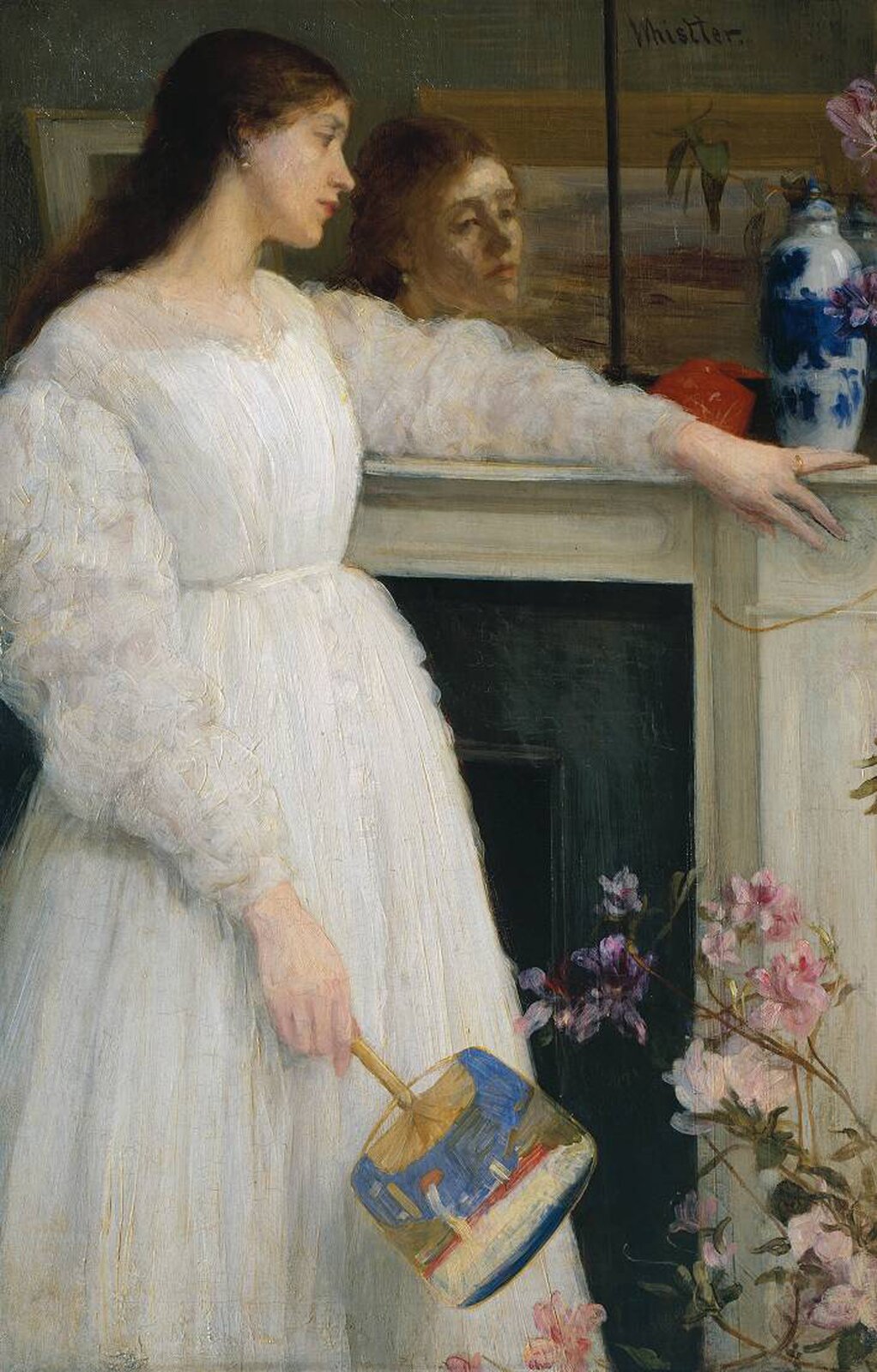 Ilustracja o kształcie pionowego prostokąta przedstawia obraz Jamesa McNeilla Whistlera „Symfonia w bieli 2: Biała dziewczynka”. Ukazuje młodą dziewczynę w długiej, białej sukni. Stoi bokiem, lewą rękę ma położoną na  kominku, na którym stoi wazon. Jej twarz odbija się w wiszącym nad kominkiem lustrze. Dziewczyna w prawej dłoni trzyma wachlarz. W dolnym rogu znajdują się różowe kwiaty.