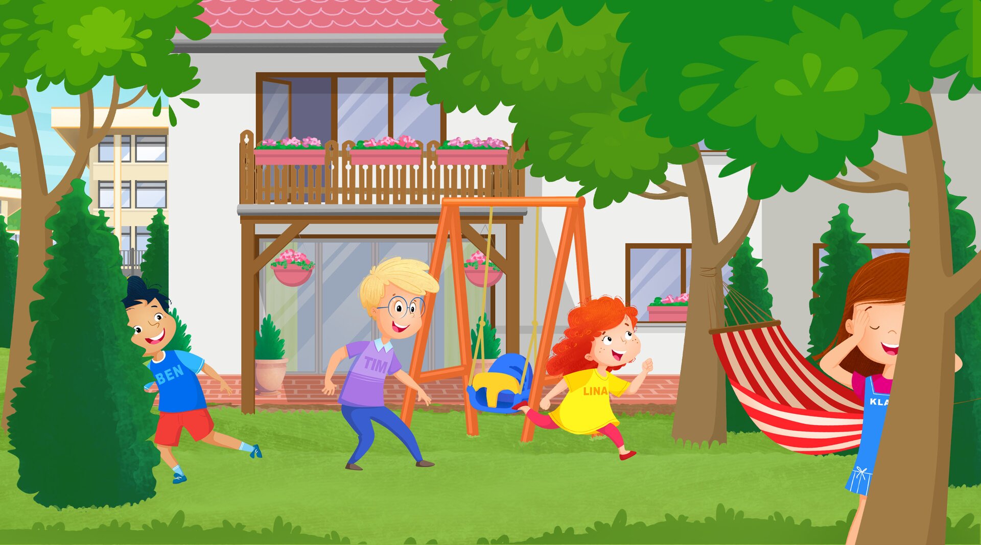 Ilustracja przedstawia dzieci bawiące się w chowanego w ogrodzie. Klara stoi koło drzewa z zasłoniętymi oczami .Lina Tim i Ben biegają w poszukiwaniu kryjówki.