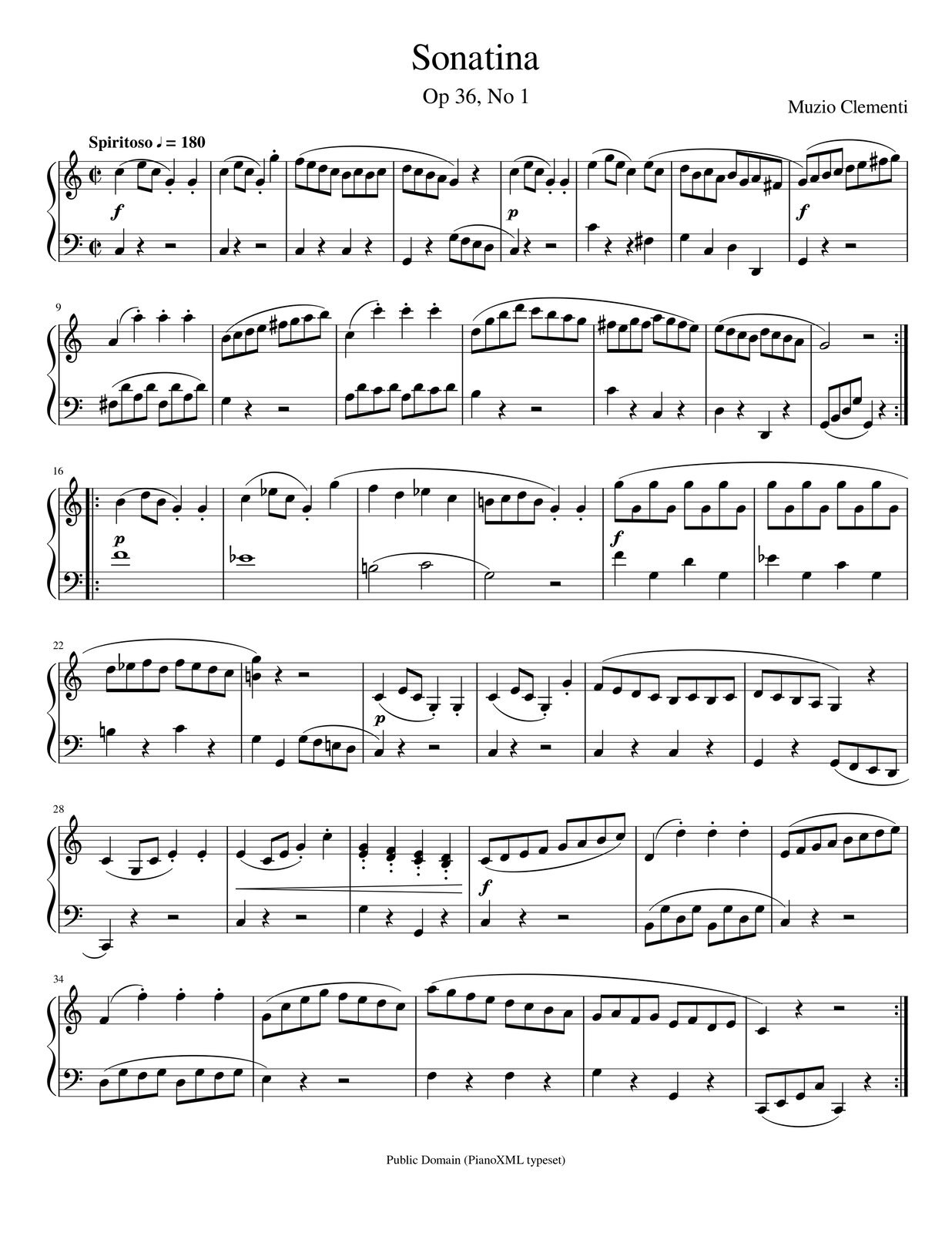 Grafika przedstawia partyturę utworu „Sonatina fortepianowa C‑dur Op 36., Nr. 1” autorstwa Muzia Clementi [czytaj: mucja klementi]. Utwór jest napisany w metrum alla breve [czytaj: ala brewe], czyli dwie drugie, w tonacji C‑dur i grany jest w tempie spiritoso [czytaj: spiritozo], czyli stu osiemdziesięciu ćwierćnut na minutę. Partytura zawiera takty od pierwszego do trzydziestego ósmego oraz opracowaną partię fortepianu w kluczach wiolinowym oraz basowym. W pierwszym takcie w kluczu wiolinowym na pierwszą miarę grana jest ćwierćnuta c, na miarę drugą ósemki e oraz c, na trzecią miarę ćwierćnuta g z artykulacją staccato [czytaj: stakato]; wszystkie wymienione dźwięki są zapisane jako jedna fraza. Na miarę czwartą ponownie wykonywana jest ćwierćnuta g z artykulacją staccato [czytaj: stakato]. W kluczu basowym na pierwszą miarę grana jest ćwierćnuta c, na miarę drugą zapisano pauzę ćwierćnutową, a na miarę trzecią oraz czwartą pauzę półnutową. W takcie zapisano dynamikę forte [czytaj: forte]. W drugim takcie w kluczu wiolinowym na pierwszą miarę grana jest ćwierćnuta c, od której rozpoczyna się fraza, na miarę drugą ósemki e oraz c, na trzecią miarę ćwierćnuta g z artykulacją staccato [czytaj: stakato], na której kończy się fraza, a na czwartą miarę ćwierćnuta g oktawę wyżej, również z artykulacją staccato [czytaj: stakato]. W kluczu basowym na pierwszą miarę grana jest ćwierćnuta c, na miarę drugą pauza ćwierćnutowa, a na miary trzecią oraz czwartą pauza półnutowa. W trzecim takcie w kluczu wiolinowym wszystkie dźwięki to ósemki: na pierwszą miarę grane są f oraz e, na drugą miarę d oraz c, na miarę trzecią h oraz c, na czwartą miarę ponownie h oraz c. Na pierwszą miarę zaczyna się fraza, która trwa cały takt i kończy się dopiero w takcie kolejnym. W kluczu basowym na pierwszą miarę grana jest ćwierćnuta c, na miarę drugą pauza ćwierćnutowa, na miarę trzecią ponownie ćwierćnuta c, a na czwartą miarę raz jeszcze pauza ćwierćnutowa. W takcie czwartym w kluczu wiolinowym na pierwszą miarę grane są ósemki d oraz c, na miarę drugą ósemki h oraz a, na trzecią miarę ćwierćnuta g, na której kończy się fraza rozpoczęta w poprzednim takie. Na miarę czwartą zapisano pauzę ćwierćnutową. W kluczu basowym na pierwszą miarę grana jest ćwierćnuta g, na miarę drugą pauza ćwierćnutowa, na trzecią miarę ósemki g oraz f, a na miarę czwartą ósemki e oraz d. Na trzecią miarę rozpoczyna się fraza, która jest kontynuowana w takcie kolejnym. W piątym takcie w kluczu wiolinowym na pierwszą miarę grana jest ćwierćnuta c, na miarę drugą ósemki e oraz c, na trzecią miarę ćwierćnuta g z artykulacją staccato [czytaj: stakato]; dźwięki z tych trzech miar są grane jako jedna fraza. Na czwartą miarę wykonywana jest ćwierćnuta g z artykulacją staccato [czytaj: stakato]. W kluczu basowym na pierwszą miarę grana jest ćwierćnuta c, na której kończy się fraza z taktu poprzedniego, na miarę drugą pauza ćwierćnutowa, a na miary trzecią oraz czwartą pauza półnutowa. Pod taktem zapisano zmianę dynamiki na piano. W szóstym takcie w kluczu wiolinowym na pierwszą miarę grana jest ćwierćnuta e, na miarę drugą ósemki g oraz e, na trzecią miarę ćwierćnuta c; w tych pierwszych trzech miarach zapisano frazę. Na czwartą miarę grane są ósemki e oraz c, od których rozpoczyna się kolejna fraza, ciągnąca się dalej, na kolejne takty. W kluczu basowym na pierwszą miarę grana jest ćwierćnuta c, na miary drugą oraz trzecią dwie pauzy ćwierćnutowe, natomiast na miarę czwartą ćwierćnuta fis. W siódmym takcie w kluczu wiolinowym na pierwszą miarę grane są ósemki d oraz h, na miarę drugą ósemki c oraz a, na trzecią miarę ósemki h oraz g, na miarę czwartą ósemki a oraz fis; przez cały takt trwa fraza rozpoczęta w takcie poprzednim, która kończy się dopiero w kolejnym takcie. W kluczu basowym na pierwszą miarę grana jest ćwierćnuta g, na miarę drugą ćwierćnuta c, na trzecią miarę ćwierćnuta d, natomiast na miarę czwartą ćwierćnuta d oktawę niżej.  W ósmym takcie w kluczu wiolinowym na pierwszą miarę grane są ósemki g oraz a; na pierwszej ósemce kończy się fraza rozpoczęta w takcie szóstym, natomiast od drugiej ósemki rozpoczyna się kolejna fraza. Na drugą miarę grane są ósemki h oraz c, na miarę trzecią d oraz e, na czwartą miarę fis oraz g; na ostatniej ósemce kończy się fraza, rozpoczęta na początku taktu. W kluczu basowym na pierwszą miarę grana jest ćwierćnuta g, na miarę drugą zapisano pauzę ćwierćnutową, a na miary trzecią oraz czwartą pauzę półnutową. Pod taktem zapisano zmianę dynamiki na forte [czytaj: forte]. W takie dziewiątym w kluczu wiolinowym na pierwszą miarę grana jest ćwierćnuta a z artykulacją legato [czytaj: legato], natomiast na miary drugą, trzecią oraz czwartą ćwierćnuty a oktawę wyżej z artykulacją staccato [czytaj: stakato]. W kluczu basowym na pierwszą miarę grane są ósemki fis oraz d, na miarę drugą a oraz d, na trzecią miarę ponownie fis oraz d, a na miarę czwartą a oraz d. Nad całym taktem zaznaczono frazę. W dziesiątym takcie w kluczu wiolinowym na pierwszą miarę grane są ósemki h oraz c, na miarę drugą ósemki d oraz e, na trzecią miarę ósemki fis oraz g, na miarę czwartą ósemki c oraz h. Nad całym taktem zaznaczono frazę. W kluczu basowym na pierwszą miarę grana jest ćwierćnuta g, na miarę drugą zapisano pauzę ćwierćnutową, a na miary trzecią oraz czwartą pauzy półnutowe. W takie jedenastym w kluczu wiolinowym na pierwszą miarę grana jest ćwierćnuta c z artykulacją legato [czytaj: legato], natomiast na miary drugą, trzecią oraz czwartą ćwierćnuty c oktawę wyżej z artykulacją staccato [czytaj: stakato]. W kluczu basowym na pierwszą miarę grane są ósemki a oraz d, na miarę drugą c oraz d, na trzecią miarę ponownie a oraz d, a na miarę czwartą c oraz d. Nad całym taktem zaznaczono frazę. W dwunastym takcie w kluczu wiolinowym na pierwszą miarę grane są ósemki d oraz g, na miarę drugą ósemki h oraz d, na trzecią miarę ósemki c oraz h, na miarę czwartą ósemki a oraz g. Nad całym taktem zaznaczono frazę, która trwa dalej w kolejnym takcie. W kluczu basowym na pierwszą miarę grana jest ćwierćnuta h, na miarę drugą zapisano pauzę ćwierćnutową, a na miary trzecią oraz czwartą pauzy półnutowe. W takcie trzynastym w kluczu wiolinowym na pierwszą miarę grane są ósemki fis oraz e, na miarę drugą ósemki g oraz fis, na trzecią miarę ósemki a oraz g, a na miarę czwartą ósemki fis oraz e. Przez cały takt trwa fraza, która rozpoczęła się na początku taktu poprzedniego. W kluczu basowym na pierwszą miarę grana jest ćwierćnuta c, na miarę drugą pauza ćwierćnutowa, na trzecią miarę ćwierćnuta c oktawę niżej, a na miarę czwartą ponownie pauza ćwierćnutowa. W czternastym takcie w kluczu wiolinowym na pierwszą miarę grane są ósemki e oraz d, na miarę drugą ósemki c oraz h, na trzecią miarę ósemki d oraz c, natomiast na miarę czwartą ósemki h oraz a. Na początku taktu rozpoczyna się fraza, która trwa przez cały takt, aż do taktu kolejnego. W kluczu basowym na pierwszą miarę grana jest ćwierćnuta d, na miarę drugą pauza ćwierćnutowa, na trzecią miarę ćwierćnuta d oktawę niżej, a na miarę czwartą ponownie pauza ćwierćnutowa. W piętnastym takcie w kluczu wiolinowym na pierwsze dwie miary grana jest półnuta g, na której kończy się fraza rozpoczęta w takcie poprzednim, a na miary trzecią oraz czwartą zapisano pauzę półnutową. W kluczu basowym na pierwszą miarę grane są ósemki g oraz h, na miarę drugą ósemki d oraz g, natomiast na miarę trzecią ćwierćnuta g. Nad dźwiękami z pierwszych trzech miar zaznaczono frazę. Na miarę czwartą zapisano pauzę ćwierćnutową, a po takcie koniec repetycji. W szesnastym takcie w kluczu wiolinowym na pierwszą miarę grana jest ćwierćnuta h, na miarę drugą ósemki d oraz h, na trzecią miarę ćwierćnuta g z artykulacją staccato [czytaj: stakato]; nad pierwszymi trzema miarami zapisana jest fraza. Na miarę czwartą grana jest ćwierćnuta g z artykulacją staccato [czytaj: stakato]. W kluczu basowym grana jest cała nuta f. Pod taktem zapisano zmianę dynamiki na piano, a przed taktem początek repetycji. W takcie siedemnastym w kluczu wiolinowym na pierwszą miarę grana jest ćwierćnuta c, na miarę drugą ósemki es oraz c, a na miarę trzecią ćwierćnuta g z artykulacją staccato [czytaj: stakato]; dźwięki te tworzą frazę. Na czwartą miarę zapisana jest ćwierćnuta g oktawę wyżej, od której rozpoczyna się kolejna fraza, trwająca dalej kolejne dwa takty. W kluczu basowym grana jest cała nuta es. W osiemnastym takcie w kluczu wiolinowym na pierwszą miarę grana jest ćwierćnuta f, na miarę drugą ćwierćnuta d, na trzecią miarę ćwierćnuta es, natomiast na miarę czwartą ćwierćnuta c. Wszystkie dźwięki należą do frazy, która rozpoczęła się w takcie siedemnastym i trwa dalej w takcie dziewiętnastym. W kluczu basowym na pierwsze dwie miary grana jest półnuta h, na miary trzecią oraz czwartą półnuta c; oba dźwięki tworzą frazę, która trwa dalej w takcie dziewiętnastym. W dziewiętnastym takcie w kluczu wiolinowym na pierwszą miarę grane są ósemki h oraz c, na miarę drugą ósemki d oraz h, a na miarę trzecią ćwierćnuta g z artykulacją staccato [czytaj: stakato]; na trzecią miarę kończy się fraza, która rozpoczęła się w takcie siedemnastym. Na miarę czwartą grana jest ćwierćnuta g z artykulacją staccato [czytaj: stakato]. W kluczu basowym na pierwsze dwie miary zapisano półnutę g, na której kończy się fraza z poprzedniego taktu, a na miary trzecią oraz czwartą pauzę półnutową. W dwudziestym takcie w kluczu wiolinowym na pierwszą miarę grane są ósemki g oraz g oktawę niżej, które powtarzają się później przez pozostałe miary. Na pierwszą miarę rozpoczyna się fraza, która trwa dalej w kolejnych taktach. W kluczu basowym na pierwszą miarę grana jest ćwierćnuta f, na miarę drugą ćwierćnuta g, na trzecią miarę ćwierćnuta d, a na miarę czwartą ponownie ćwierćnuta g. Pod taktem zapisano zmianę dynamiki na piano [czytaj: piano]. W dwudziestym pierwszym takcie w kluczu wiolinowym grane są takie same ósemki, jak w takcie poprzednim – najpierw g, a następnie g oktawę niżej cztery razy, przez cały takt. W takcie nadal trwa fraza rozpoczęta w takcie dwudziestym, która kończy się dopiero w kolejnych taktach. W kluczu basowym na pierwszą miarę grana jest ćwierćnuta es, na miarę drugą ćwierćnuta g, na trzecią miarę ćwierćnuta c, a na miarę czwartą ponownie ćwierćnuta g. W dwudziestym drugim takcie w kluczu wiolinowym na pierwszą miarę grane są ósemki d oraz es, na miarę drugą ósemki f oraz d, na trzecią miarę ósemki f oraz es, a na miarę czwartą ósemki d oraz c. W takcie nadal trwa fraza rozpoczęta w takcie dwudziestym, która kończy się dopiero w takcie kolejnym. W kluczu basowym na pierwszą miarę zapisano ćwierćnutę h, na miarę drugą pauzę ćwierćnutową, na miarę trzecią ćwierćnutę c, natomiast na miarę czwartą ponownie pauzę ćwierćnutową. W dwudziestym trzecim takcie w kluczu wiolinowym na pierwszą miarę grana jest ćwierćnuta‑dwudźwięk, złożona z nut h oraz g, na której kończy się fraza rozpoczęta w takcie dwudziestym. Na drugą miarę zapisano pauzę ćwierćnutową, a na miary trzecią oraz czwartą pauzę półnutową. W kluczu basowym na pierwszą miarę grana jest ćwierćnuta g, na miarę drugą ćwierćnuta g oktawę niżej, na miarę trzecią ósemki g oraz f, a na miarę czwartą ósemki e oraz d. Od trzeciej miary rozpoczyna się fraza, która trwa do taktu kolejnego. W dwudziestym czwartym takcie w kluczu wiolinowym na pierwszą miarę grana jest ćwierćnuta c, na miarę drugą ósemki e oraz c, a na trzecią miarę ćwierćnuta g z artykulacją staccato [czytaj: stakato]. Dźwięki z trzech pierwszych miar tworzą jedną frazę. Na czwartą miarę grana jest ćwierćnuta g z artykulacją staccato [czytaj: stakato]. W kluczu basowym na pierwszą miarę grana jest ćwierćnuta c, na miarę drugą zapisano pauzę ćwierćnutową, a na miary trzecią oraz czwartą pauzę półnutową. Pod taktem zapisano zmianę dynamiki na piano [czytaj: piano]. W dwudziestym piątym takcie w kluczu wiolinowym na pierwszą miarę grana jest ćwierćnuta c, na miarę drugą ósemki e oraz c, a na trzecią miarę ćwierćnuta g z artykulacją staccato [czytaj: stakato]. Dźwięki z trzech pierwszych miar tworzą jedną frazę. Na czwartą miarę grana jest ćwierćnuta g oktawę wyżej z artykulacją staccato [czytaj: stakato]. W kluczu basowym na pierwszą miarę grana jest ćwierćnuta c, na miarę drugą zapisano pauzę ćwierćnutową, a na miary trzecią oraz czwartą pauzę półnutową. W takcie dwudziestym szóstym w kluczu wiolinowym na pierwszą miarę grane są ósemki f oraz e, na miarę drugą ósemki d oraz c, na trzecią miarę ósemki h oraz c, a na miarę czwartą ponownie ósemki h oraz c. Na pierwszą miarę rozpoczyna się fraza, która trwa do kolejnego taktu. W kluczu basowym na pierwszą miarę zapisano ćwierćnutę c, na miarę drugą pauzę ćwierćnutową, na trzecią miarę ponownie ćwierćnutę c, a na miarę czwartą znów pauzę ćwierćnutową. W dwudziestym siódmym takcie w kluczu wiolinowym na pierwszą miarę grane są ósemki d oraz c, na miarę drugą ósemki h oraz a, natomiast na trzecią miarę ćwierćnuta g, na której kończy się fraza rozpoczęta w poprzednim takcie na pierwszą miarę. Na czwartą miarę zapisano pauzę ćwierćnutową. W kluczu basowym na pierwszą miarę grana jest ćwierćnuta g, na miarę drugą pauza ćwierćnutowa, na trzecią miarę ósemki g oraz f, a na miarę czwartą ósemki e oraz d. Od trzeciej miary zaczyna się fraza, która trwa do kolejnego taktu. W takcie dwudziestym ósmym w kluczu wiolinowym na pierwszą miarę grana jest ćwierćnuta c, na miarę drugą ósemki g oraz c, a na trzecią miarę ćwierćnuta e z artykulacją staccato [czytaj: stakato]. Pierwsze trzy miary tworzą jedną frazę. Na czwartą miarę grana jest ćwierćnuta e z artykulacją staccato [czytaj: stakato]. W kluczu basowym na pierwszą miarę grana jest ćwierćnuta c, na której kończy się fraza rozpoczęta w poprzednim takcie; na miarę drugą zapisano pauzę ćwierćnutową, a na trzecią oraz czwartą miarę pauzę półnutową. W dwudziestym dziewiątym takcie w kluczu wiolinowym na pierwszą miarę grana jest ćwierćnuta e, na miarę drugą ósemki c ora e, a na miarę trzecią ćwierćnuta g z artykulacją staccato [czytaj: stakato]. Dźwięki z pierwszych trzech miar tworzą jedną frazę. Na miarę czwartą grana jest ćwierćnuta c z artykulacją staccato [czytaj: stakato]. W kluczu basowym na pierwszą miarę grana jest ćwierćnuta c, na miarę drugą zapisano pauzę ćwierćnutową, a na trzecią oraz czwartą miarę pauzę półnutową. Na początku taktu zaczyna się crescendo [czytaj: kreszendo], które trwa do końca taktu i jest przedłużone na takt kolejny. W trzydziestym takcie w kluczu wiolinowym na pierwszą miarę grana jest ćwierćnuta‑dwudźwięk e i g z artykulacją podwójnego staccato [czytaj: stakato], na miarę drugą ćwierćnuta‑dwudźwięk z artykulacją podwójnego staccato [czytaj: stakato], na trzecią miarę ćwierćnuta‑dwudźwięk z artykulacją podwójnego staccato [czytaj: stakato], a na miarę czwartą ponownie ćwierćnuta dwudźwięk h oraz d z artykulacją podwójnego staccato [czytaj: stakato]. W kluczu basowym na pierwszą miarę grana jest ćwierćnuta g, na miarę drugą pauza ćwierćnutowa, na trzecią miarę ćwierćnuta g oktawę niżej, a na miarę czwartą ponownie pauza ćwierćnutowa. Pod koniec taktu kończy się crescendo [czytaj: kreszendo] rozpoczęte w takcie poprzednim. W takcie trzydziestym pierwszym w kluczu wiolinowym na pierwszą miarę grane są ósemki c oraz d, na miarę drugą ósemki e oraz f, na trzecią miarę ósemki g oraz a, natomiast na miarę czwartą ósemki h oraz c. Dźwięki ze wszystkich miar tworzą jedną frazę. W kluczu basowym na pierwszą miarę grana jest ćwierćnuta c, na miarę drugą zapisano pauzę ćwierćnutową, a na trzecią oraz czwartą miarę pauzę półnutową. Pod taktem zapisano zmianę dynamiki na forte [czytaj: forte]. W trzydziestym drugim takcie w kluczu wiolinowym na pierwszą miarę grana jest ćwierćnuta d z artykulacją legato [czytaj: legato], a na miary drugą, trzecią oraz czwartą trzy ćwierćnuty d oktawę wyżej z artykulacją staccato. W kluczu basowym na pierwszą miarę grane są ósemki h oraz g, na miarę drugą ósemki d oraz g, na trzecią miarę ponownie ósemki h oraz g i na miarę czwartą ósemki d oraz g. Na pierwszą miarę rozpoczyna się fraza, która trwa do kolejnego taktu. W trzydziestym trzecim takcie w kluczu wiolinowym na pierwszą miarę grane są ósemki e oraz f, na miarę drugą ósemki g oraz a, na trzecią miarę ósemki h oraz c, a na miarę czwartą ósemki d oraz e. Nuty z całej taktu stanowią jedną frazę. W kluczu basowym na pierwszą miarę grana jest ćwierćnuta c, na której kończy się fraza z taktu poprzedniego; na drugą miarę zapisano pauzę ćwierćnutową, a na miary trzecią oraz czwartą pauzę półnutową. W trzydziestym czwartym takcie w kluczu wiolinowym na pierwszą miarę grana jest ćwierćnuta f z artykulacją <span lang"it">legato [czytaj: legato], a na miary drugą, trzecią oraz czwartą trzy ćwierćnuty f oktawę wyżej z artykulacją staccato [czytaj: stakato]. W kluczu basowym na pierwszą miarę grane są ósemki d oraz g, na miarę drugą ósemki f oraz g, na trzecią miarę ósemki d oraz g i na miarę czwartą ósemki f oraz g. Na pierwszą miarę rozpoczyna się fraza, która trwa do kolejnego taktu. W trzydziestym piątym takcie w kluczu wiolinowym na pierwszą miarę grane są ósemki g oraz c, na miarę drugą ósemki e oraz g, na trzecią miarę ósemki f oraz e, a na miarę czwartą ósemki d oraz c. Wszystkie dźwięki tworzą jedną frazę. W kluczu basowym na pierwszą miarę grana jest ćwierćnuta e, na której kończy się fraza z taktu poprzedniego; na drugą miarę zapisano pauzę ćwierćnutową, a na miary trzecią oraz czwartą pauzę półnutową. W takcie trzydziestym szóstym w kluczu wiolinowym na pierwszą miarę grane są ósemki a oraz g, na miarę drugą ósemki f oraz e, na trzecią miarę ósemki d oraz c, a na miarę czwartą ósemki h oraz a. Na pierwszą miarę rozpoczyna się fraza, która trwa przez kolejne takty. W kluczu basowym na pierwszą miarę grana jest ćwierćnuta f, na miarę drugą pauza ćwierćnutowa, na trzecią miarę ponownie ćwierćnuta f, a na miarę czwartą raz jeszcze pauza ćwierćnutowa. W trzydziestym siódmym takcie w kluczu wiolinowym na pierwszą miarę grane są ósemki g oraz a, na miarę drugą ósemki f oraz g, na trzecią miarę ósemki e oraz f, a na miarę czwartą ósemki d oraz e. Przez cały takt trwa fraza rozpoczęta w takcie poprzednim; kończy się dopiero w kolejnym takcie. W kluczu basowym na pierwszą miarę grana jest ćwierćnuta g, na miarę drugą zapisano pauzę ćwierćnutową, na trzecią miarę ćwierćnutę g oktawę niżej, a na czwartą miarę ponownie pauzę ćwierćnutową. W ostatnim, trzydziestym ósmym takcie w kluczu wiolinowym na pierwszą miarę grana jest ćwierćnuta c, na której kończy się fraza rozpoczęta w takcie trzydziestym szóstym; na miarę drugą zapisano pauzę ćwierćnutową, a na miary trzecią oraz czwartą pauzę półnutową. W kluczu basowym na pierwszą miarę grane są ósemki c oraz e, na miarę drugą ósemki g oraz c, a na miarę trzecią ćwierćnuta c oktawę niżej. Dźwięki z trzech pierwszych miar tworzą jedną frazę. Na miarę czwartą zapisano pauzę ćwierćnutową. Po takcie zaznaczono koniec repetycji.