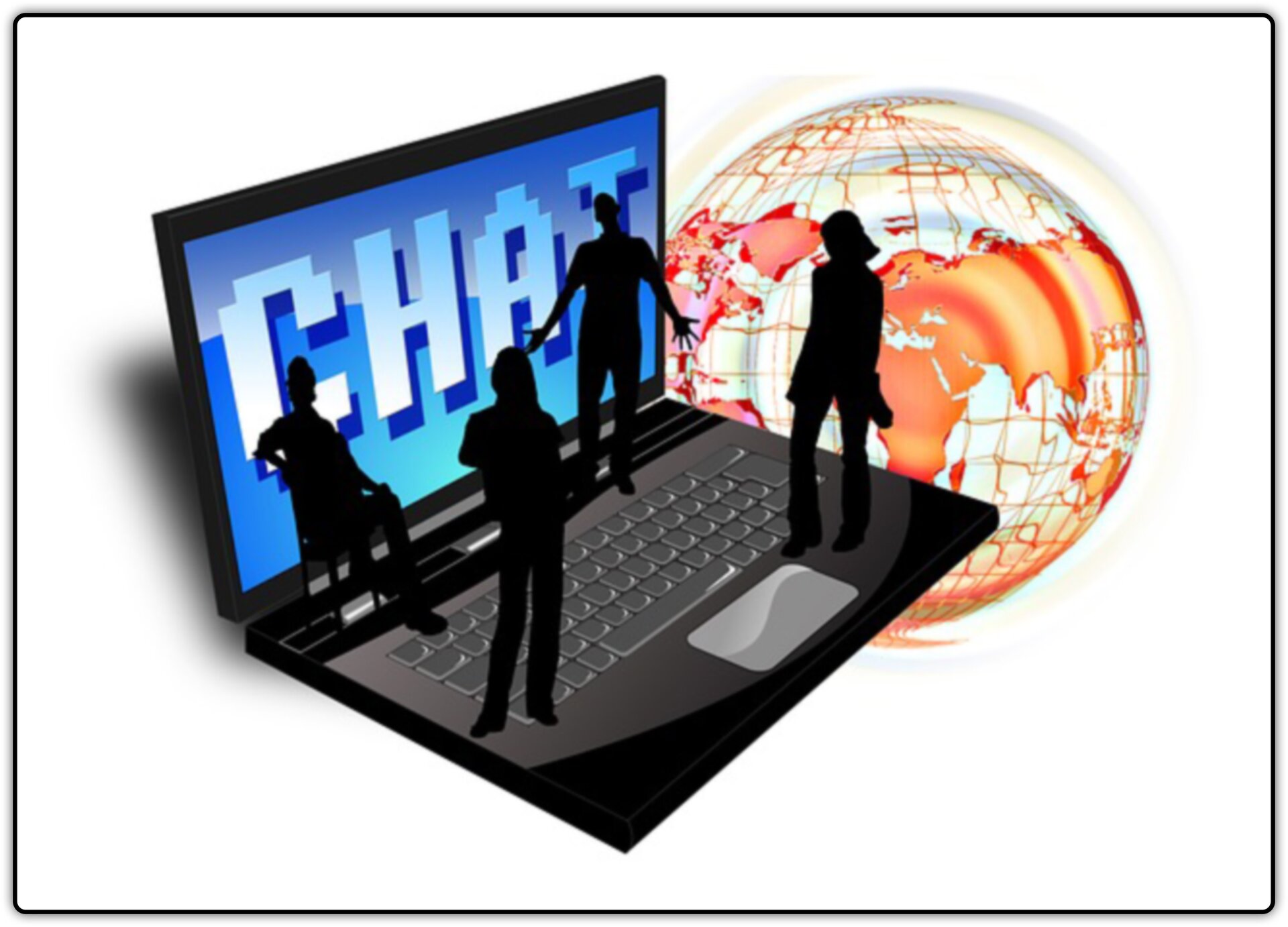 Ilustracja przedstawiająca ludzi stojących na klawiaturze laptopa, na ekranie napis CHAT, a w tle globus