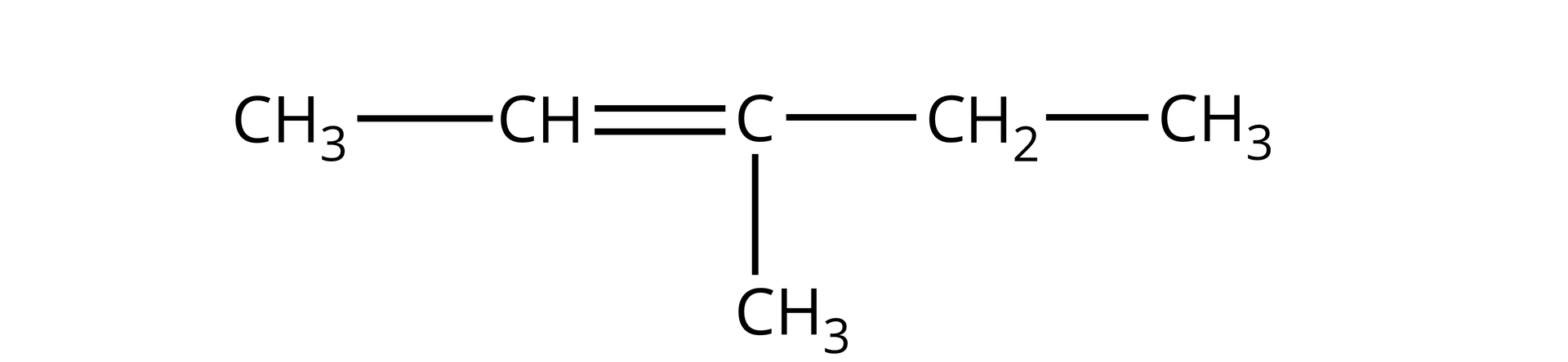 Ilustracja przedstawiająca alken zbudowany z grupy metylowej CH3 połączonej z grupą CH, która to łączy się za pomocą wiązania podwójnego z atomem węgla podstawionym grupą metylową CH3 oraz grupą etylową CH2CH3.