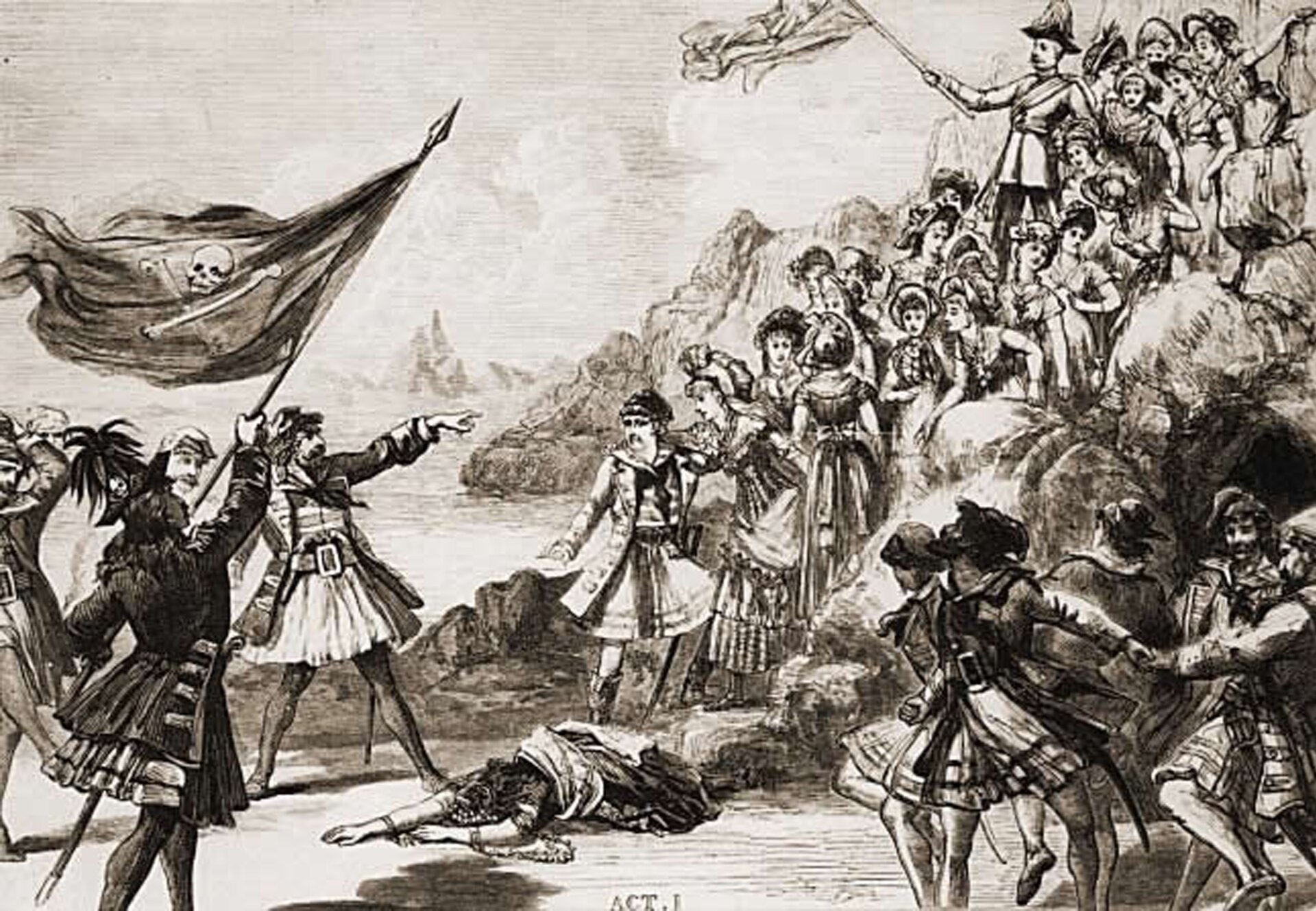 Ilustracja przedstawia kilku mężczyzn stojacych na brzegu morza. jeden z nich trzyma flagę z wizerunkiem czaszki i skrzyżowanych piszczeli, inny wskazuje palcem na zbliżający się do nich tłum ludzi. Widać rozmawiających ze sobą kobiety i mężczyzn, którzy przygląda się przybyszom.