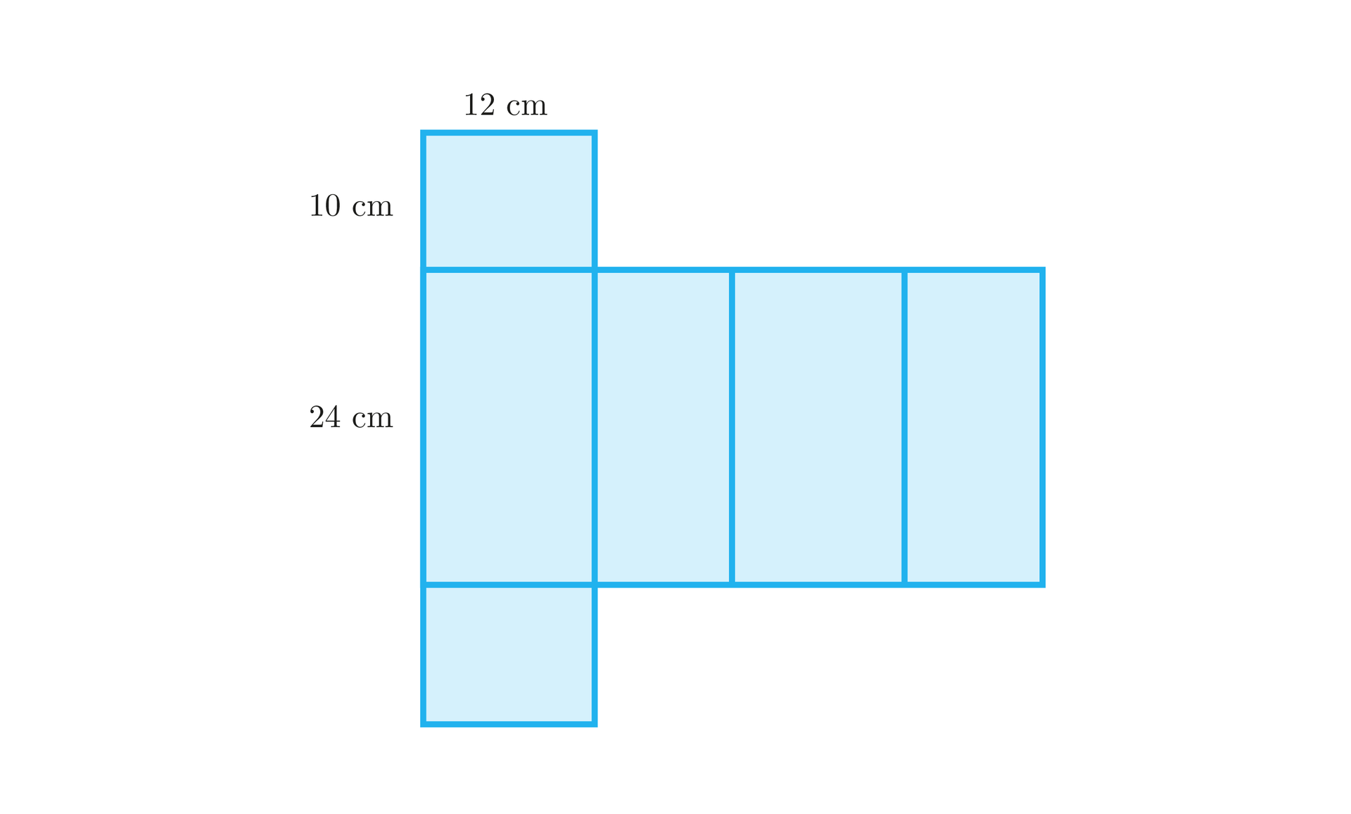 Na ilustracji przedstawiono siatkę prostopadłościanu, składającego się ze ścian o wymiarach 10 centymetrów na 12 centymetrów, 24 centymetry na 12 centymetrów, oraz 10 centymetrów na 24 centymetry.