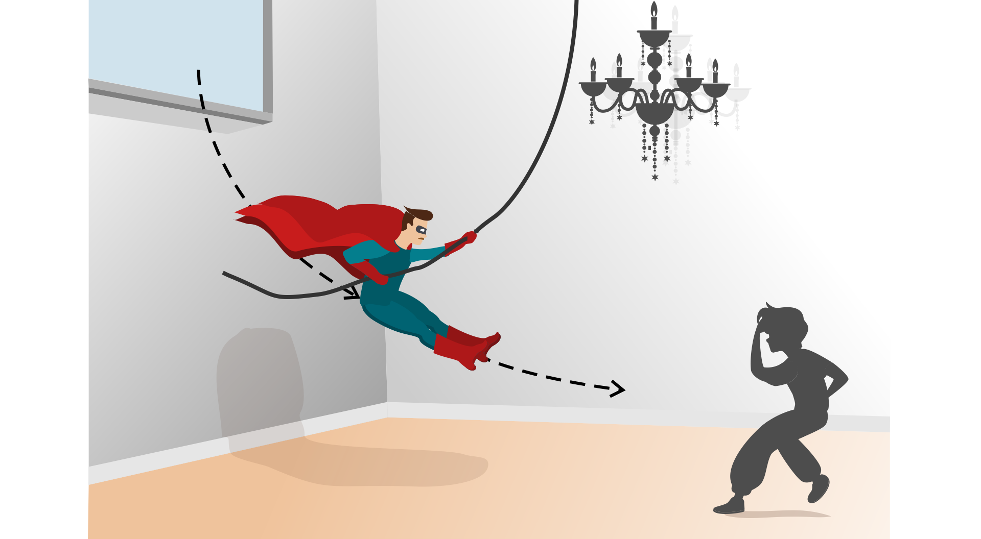 Ilustracja przedstawia superbohatera lecącego na linie w stronę superzłoczyńcy.