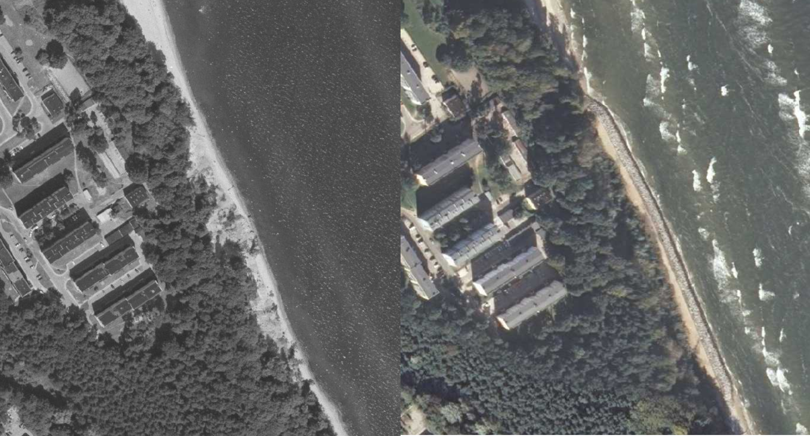 Zdjęcie przedstawia dwa zdjęcia przylegające do siebie: jedno jest czarno‑białe, drugie kolorowe. Na zdjęciach jest morski brzeg. W jego pobliżu znajdują się budynki. Pomiędzy plażą a budynkami jest pas lądu porośnięty drzewami. 