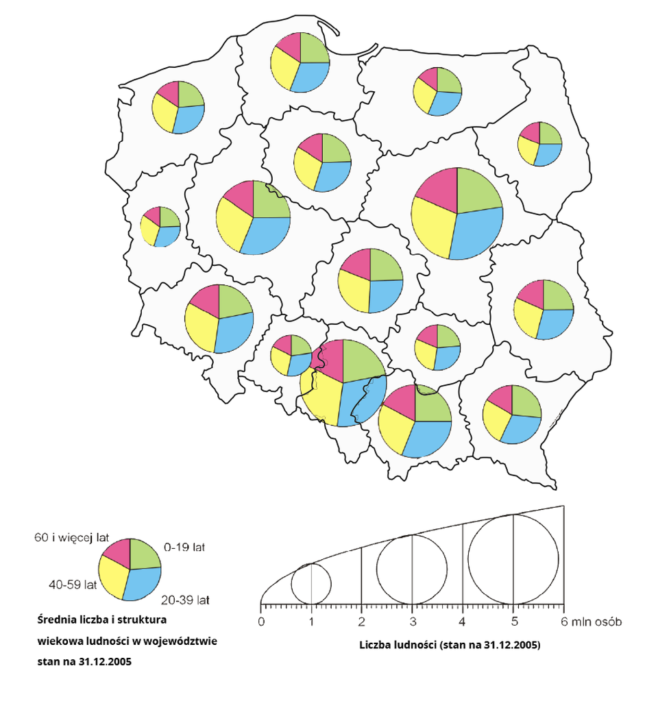 Mapa liczby ludności i struktury wiekowej w Polsce wg województw stanowi przykład mapy wykonanej metodą kartodiagramu. Jest to sposób przedstawienia zmienności wybranych atrybutów obiektów przestrzennych, czyli tematu za pomocą wykresów. Na terenie każdego województwa umieszczone jest koło – im większe, tym większa liczba ludności w nim zamieszkuje. Największe koła znajdują się w województwie mazowieckim i śląskim. Każde koło podzielone jest na części zaznaczone konkretnym kolorem, który symbolizuje ludność województwa w danym przedziale wiekowym.
