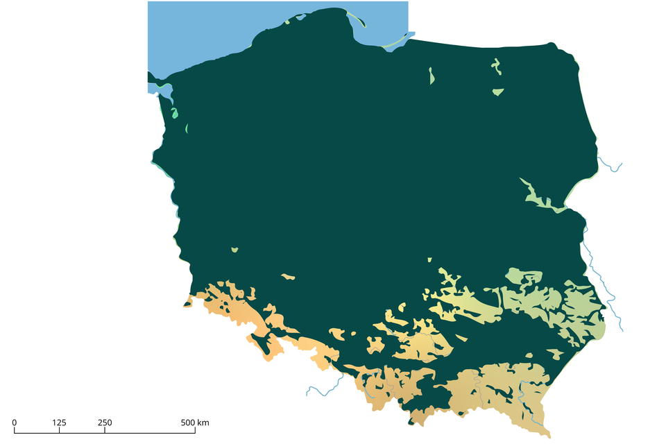 Mapa H. Mapa Polski w znacznym stopniu, z wyjątkiem części południowej, jest ciemnozielona. 
