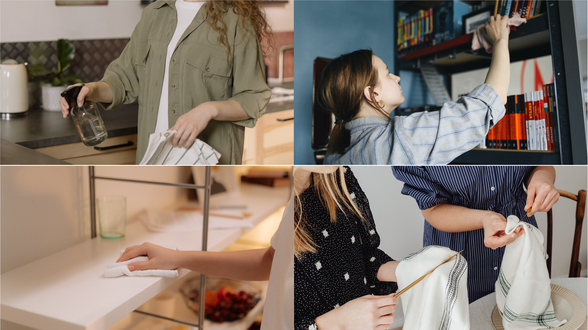 Ilustracja przedstawia kolaż czterech zdjęć, na których różne osoby sprzątają dom. W rękach trzymają ściereczki i wycierają szafki, półki.