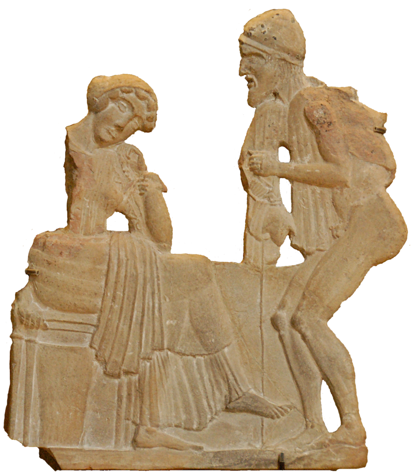 Płaskorzeźba przedstawia dwie osoby. Z prawej strony stoi nagi mężczyzna z brodą i w nakryciu głowy. Z lewej niezachowana w całości postać siedzącej kobiety w szatach i nakryciu głowy.