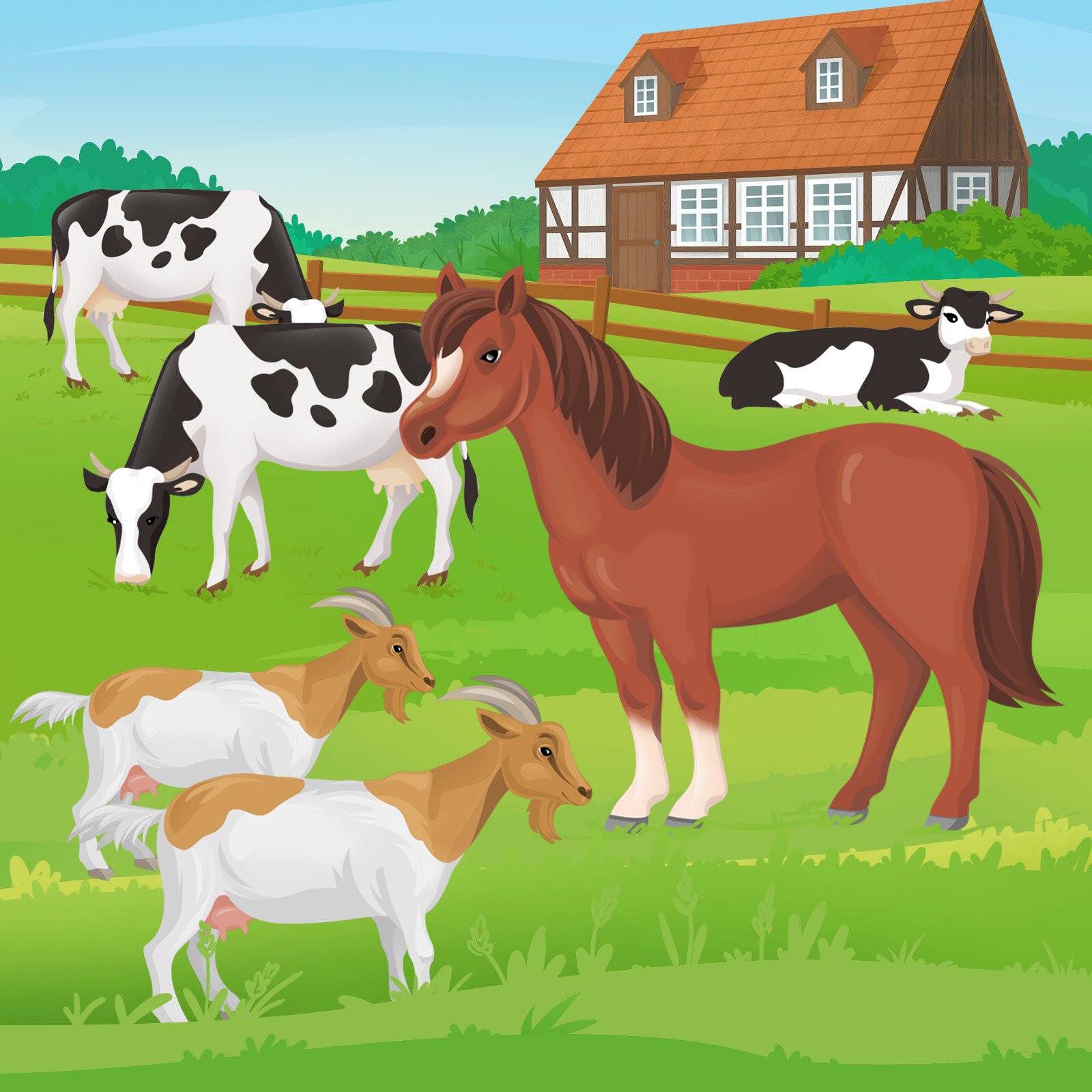 Na ilustracji znajdują się zwierzęta na farmie: koń, krowy i kozy.
