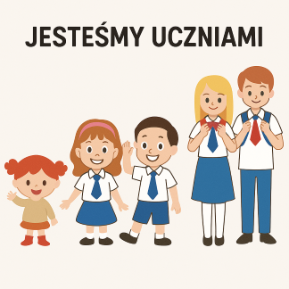 Kolorowa grafika przedstawia pięcioro dzieci ustawionych od najniższego do najwyższego. Wszyscy są uśmiechnięci. Czworo z nich ubranych jest w stroje galowe: białe koszule i krawaty; dziewczynki mają niebieskie spódniczki, zaś chłopcy niebieskie spodnie. Najniższa dziewczynka ubrana jest w szarą bluzkę i brązową spódniczkę. U góry grafiki znajduje się napis: JESTEŚMY UCZNIAMI.