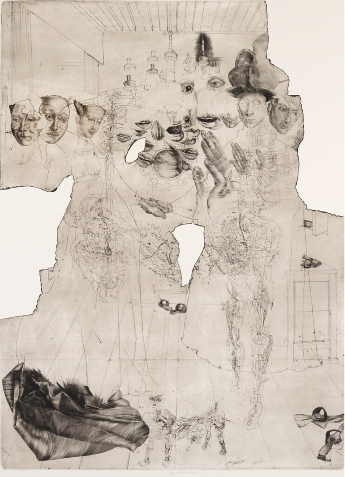 Obraz przedstawia szarą plamę na białym tle. W plamie znajdują się szkice twarzy oraz ust różnych osób. W tle przedstawiono szkice budynków oraz cienkie kreski ołówkiem skierowane w różne strony.