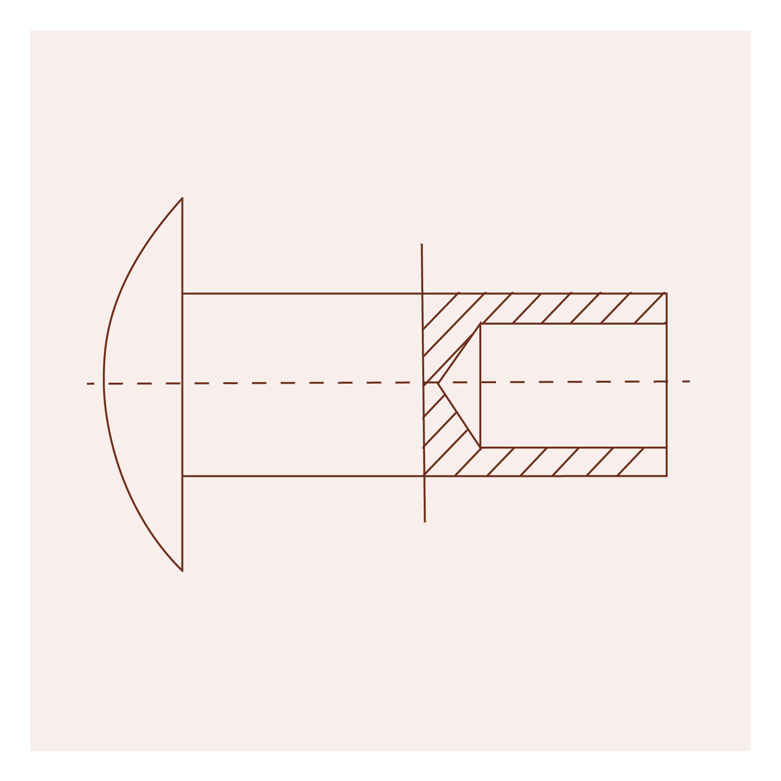 Grafika przedstawia nit z łbem grzybkowym. Na prostym trzpieniu osadzony jest nieco wypukły łeb.
