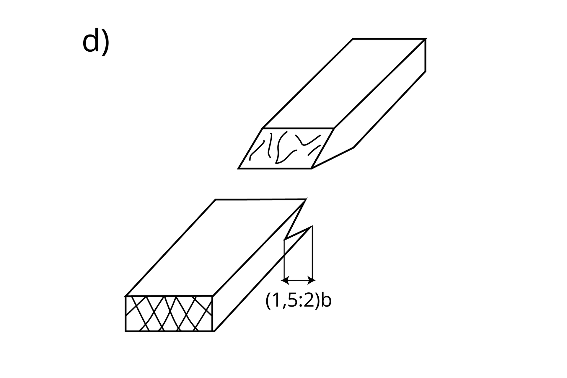 Rysunek przedstawia złącze zastrzałowe. Jeden z elementów zakończony jest wypustem wyciętym obustronnie, tworząc kąt ostry, drugi zaś zakończony jest pasującym do wycięcia otworem.