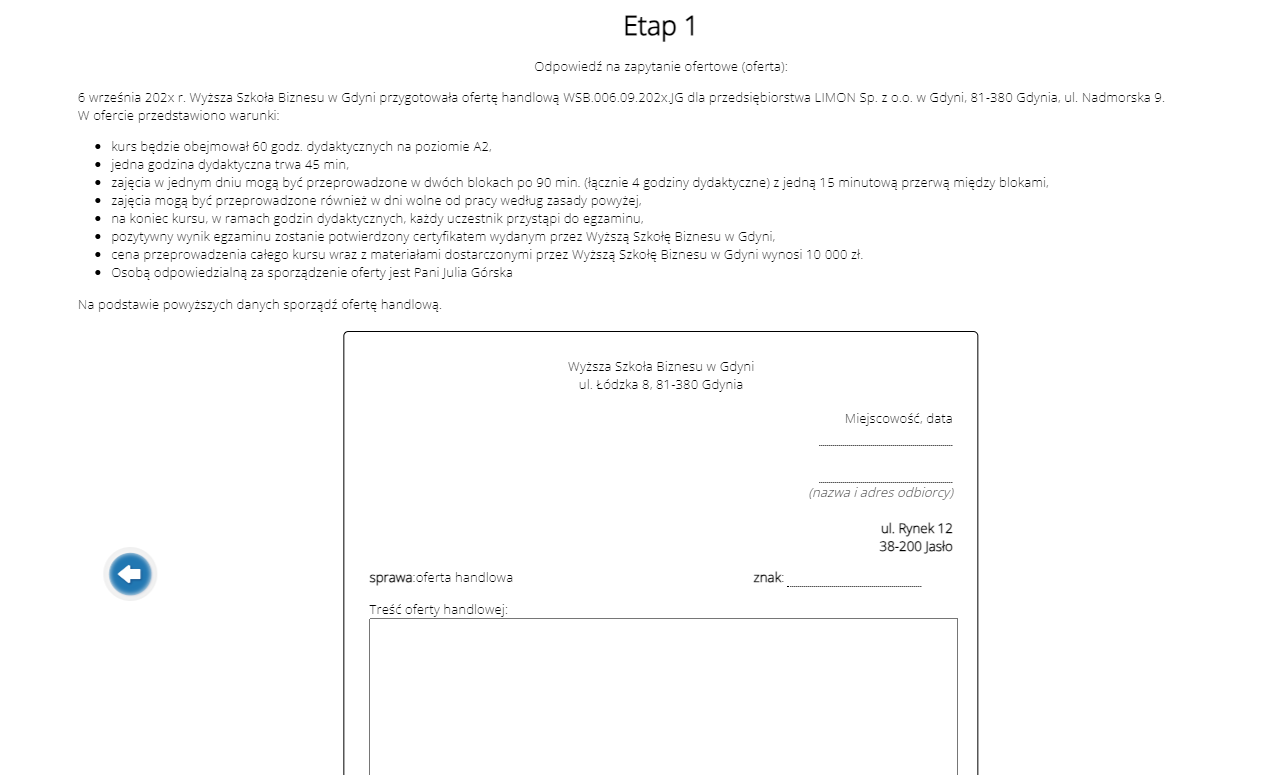 Widok na otwarte zadanie - etap 1