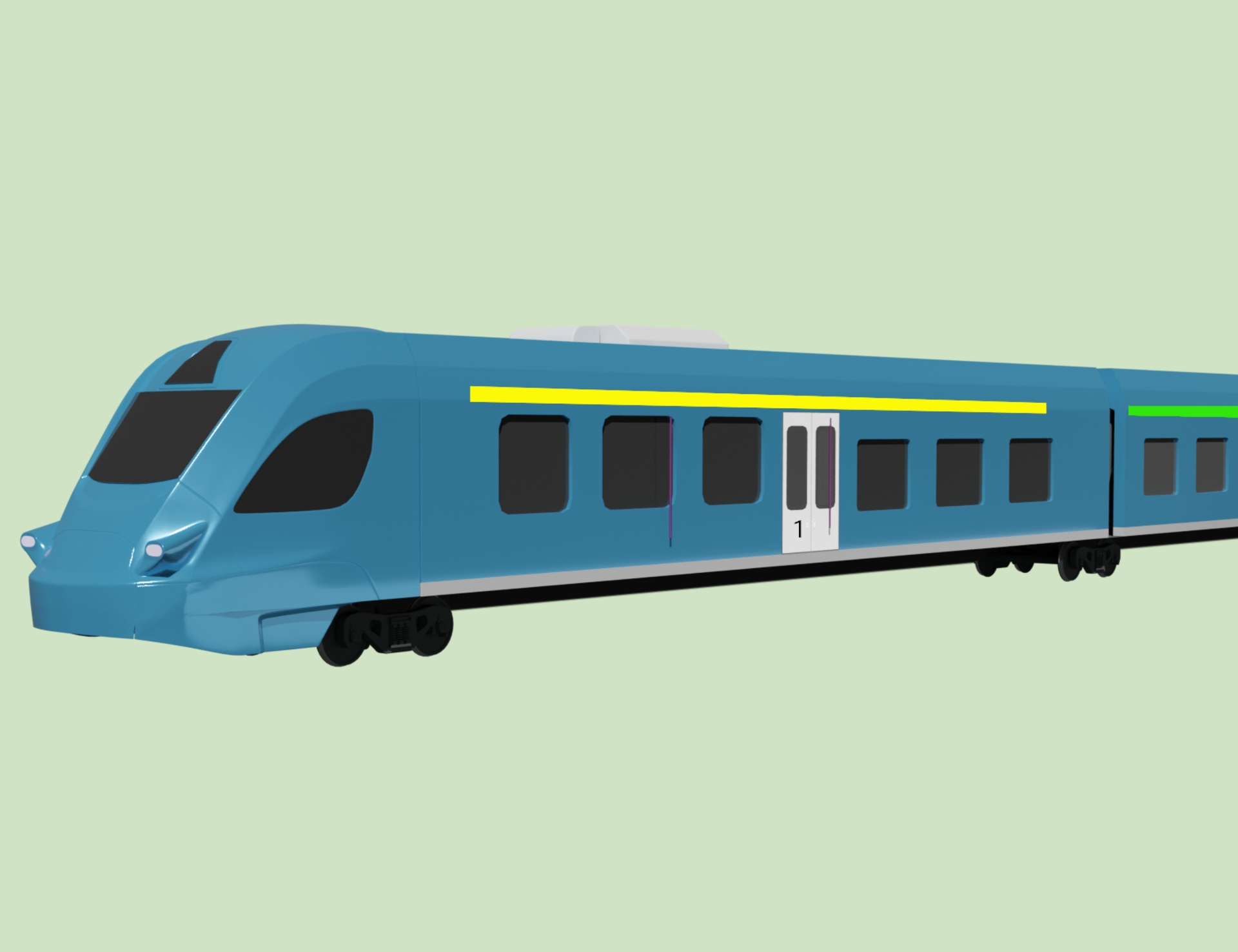 Grafika przedstawia wagon dwuklasowy. Widoczna jest kabina na przedzie wagonu. Wzdłuż wagonu są okna, a na górze wagonu, nad oknami i drzwiami znajduje się żółty pasek. 