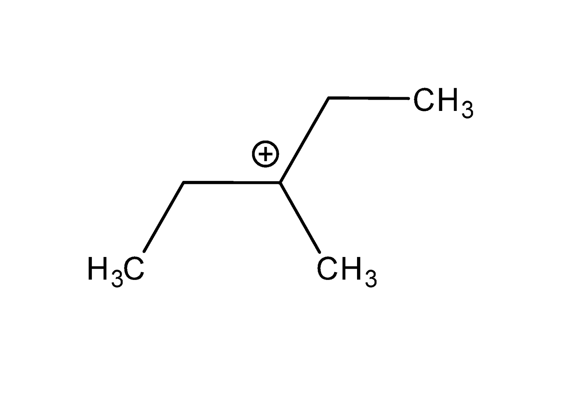 Na ilustracji jest wzór najtrwalszego karbokationu: wiązanie pojedyncze z zaznaczonym plusem po prawej stronie łączy się w dół po lewej i prawej stronie wiązaniami pojedynczymi z grupą metylową. Natomiast w górę po prawej stronie z atomem węgla, który łączy się w prawo z grupą metylową. Grupy metylowe są w sumie trzy. 