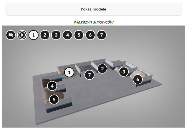 Zdjęcie przedstawia widok na planszę interaktywną. Na rysunku magazynu surowców oznaczono interaktywne punkty, pod którymi kryje się treść.