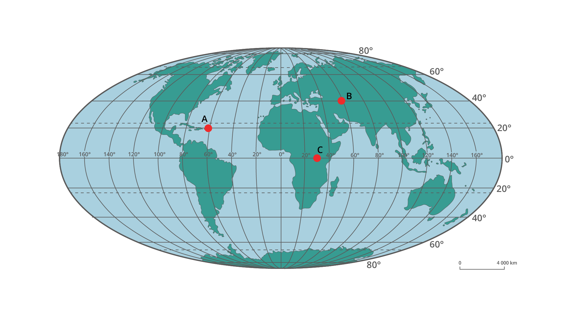 Ilustracja przedstawia mapę kuli ziemskiej z siatką południków i równoleżników.