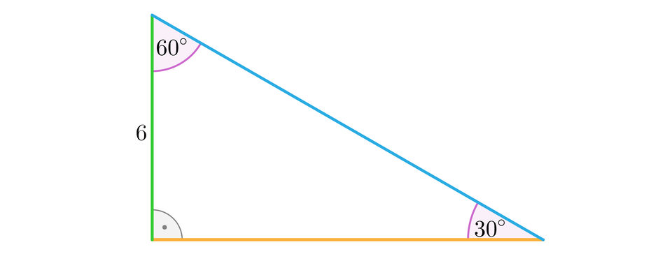 Ilustracja przedstawia trójkąt prostokątny, którego jedna przyprostokątna ma długość sześć. Kąt przy tej przyprostokątnej ma miarę 60 stopni, a drugi z kątów ostrych ma miarę 30 stopni.